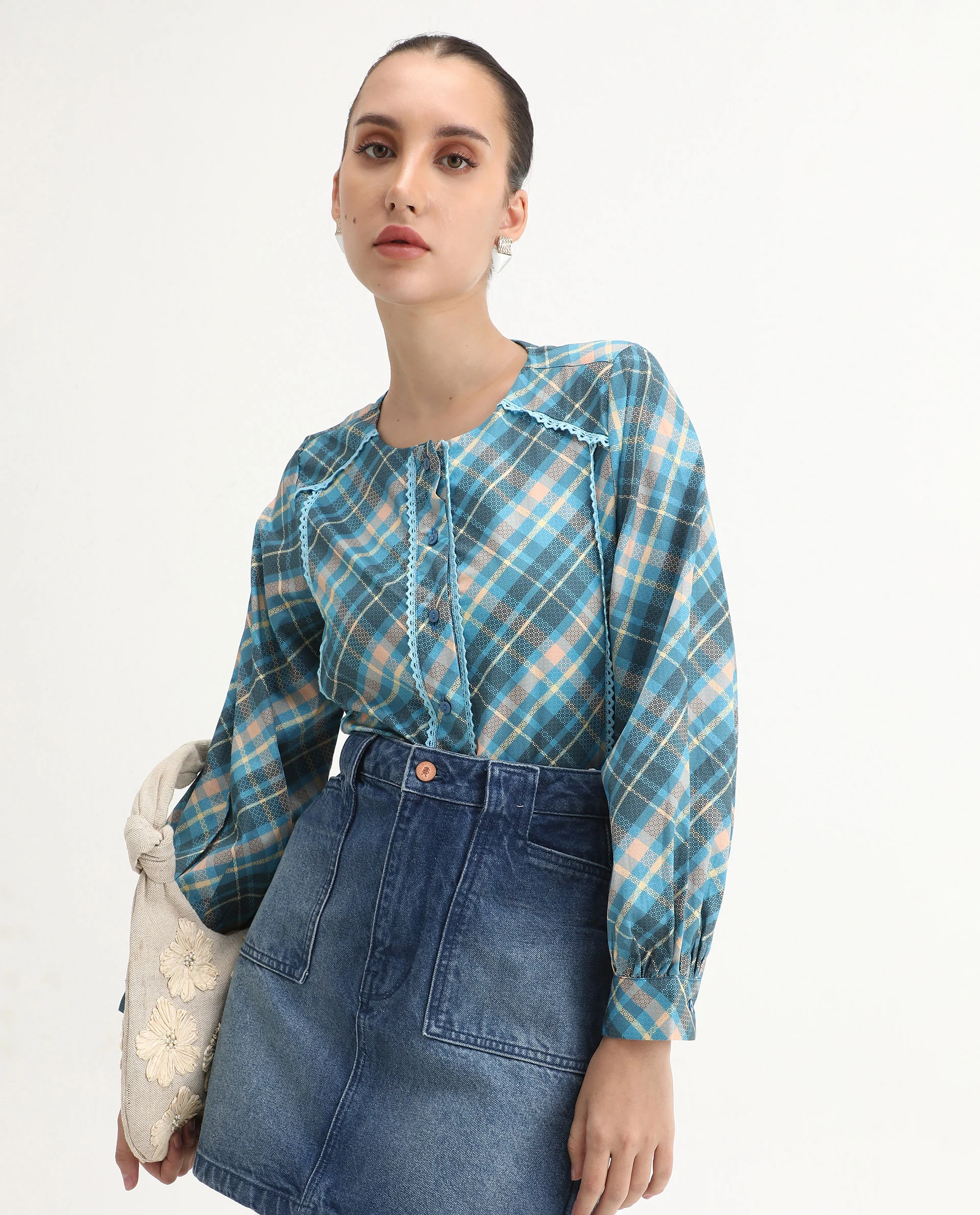 Rareism Women's Sirkolo Blue Cotton Blend Mandarin Collar Flannel Print Bishop Sleeve Regular Fit Shirt - Image 2