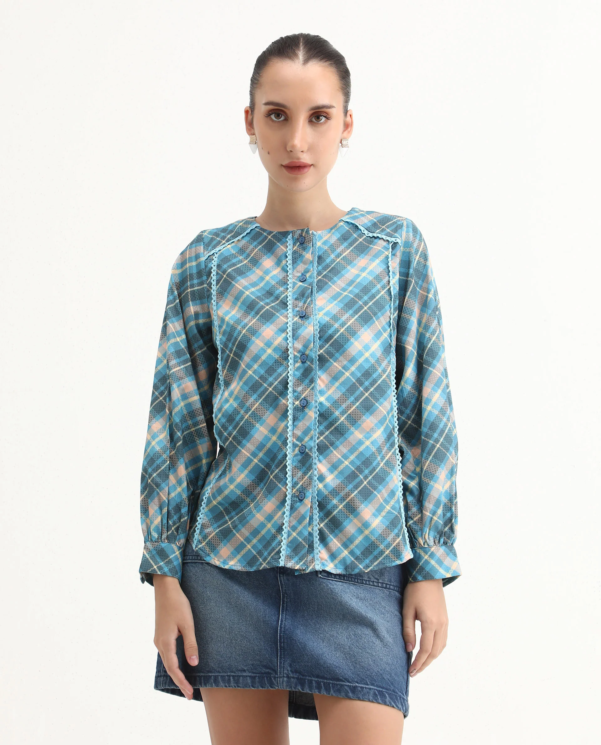 Rareism Women's Sirkolo Blue Cotton Blend Mandarin Collar Flannel Print Bishop Sleeve Regular Fit Shirt - Image 3