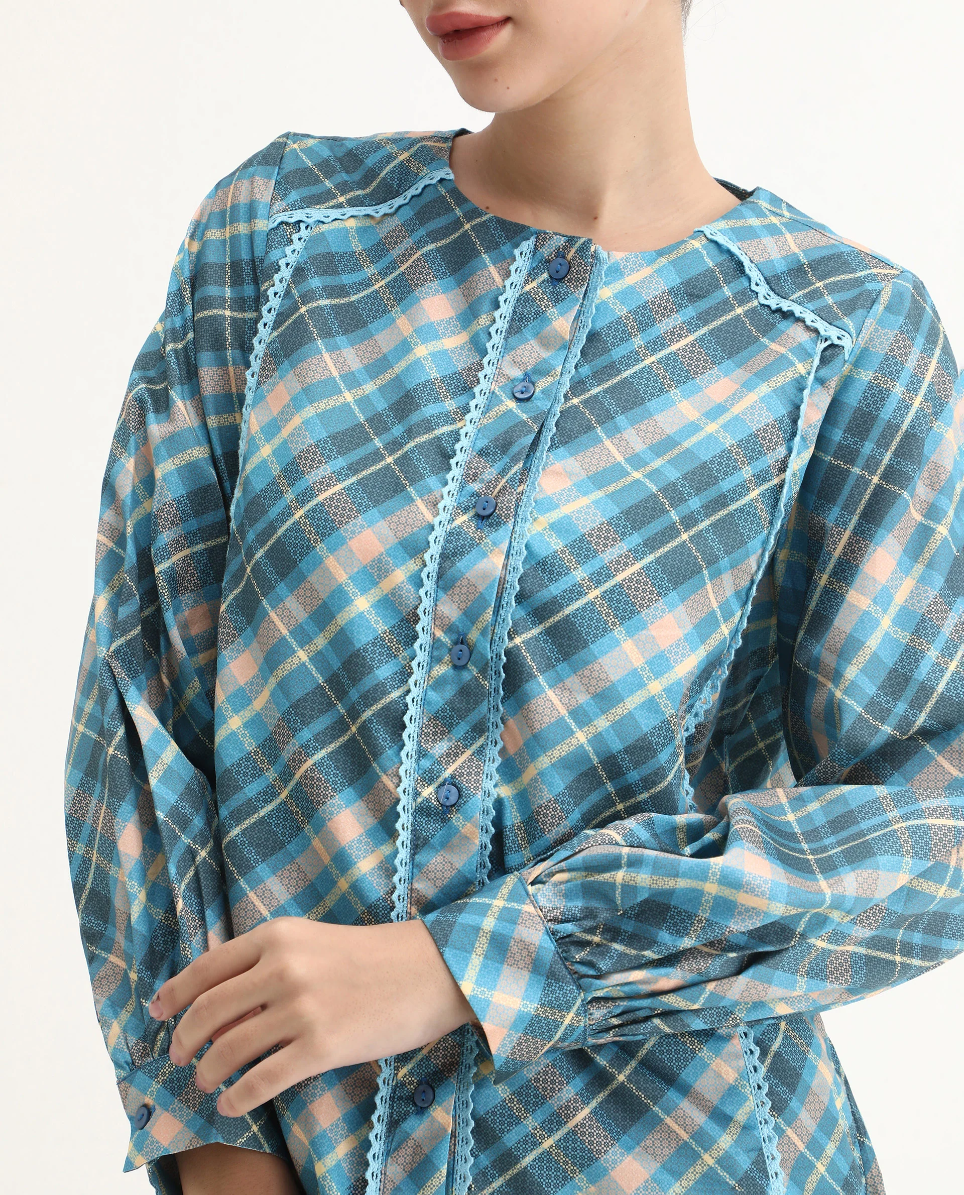 Rareism Women's Sirkolo Blue Cotton Blend Mandarin Collar Flannel Print Bishop Sleeve Regular Fit Shirt - Image 4