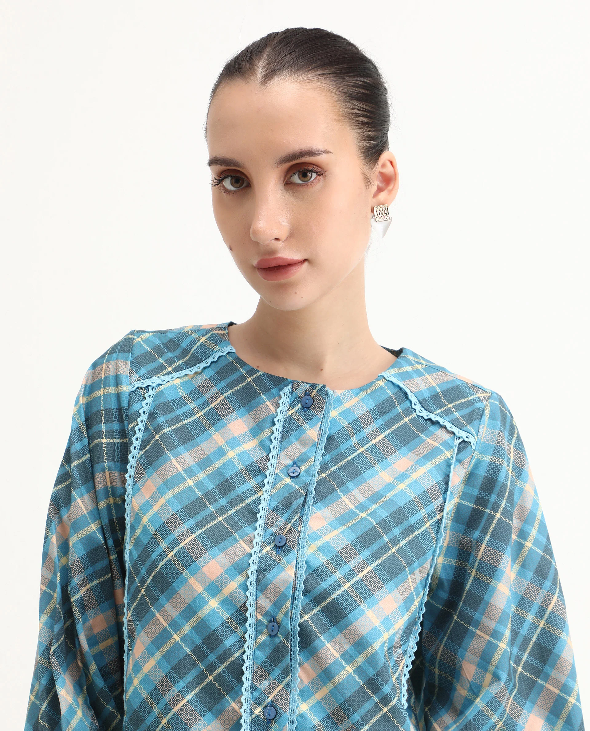 Rareism Women's Sirkolo Blue Cotton Blend Mandarin Collar Flannel Print Bishop Sleeve Regular Fit Shirt - Image 5