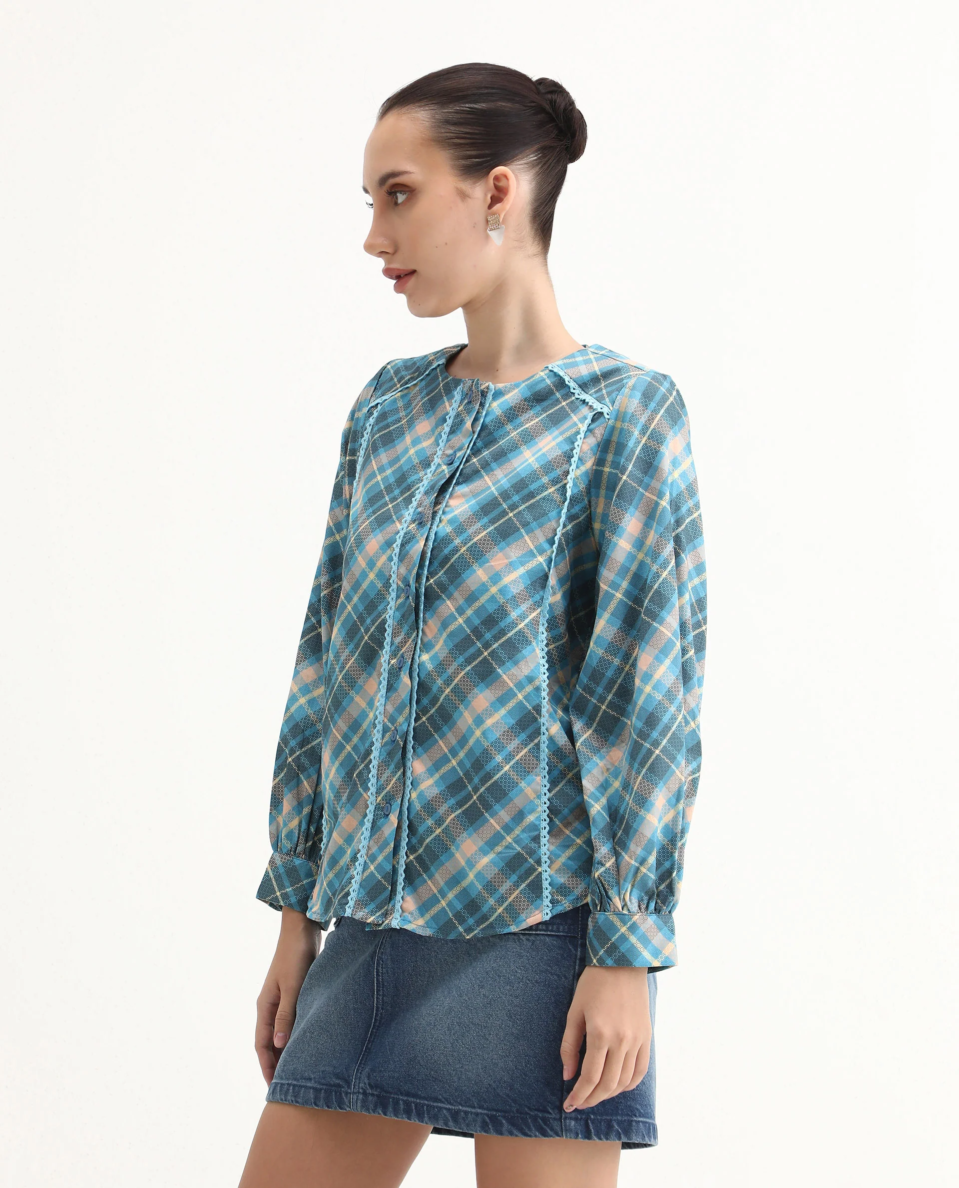 Rareism Women's Sirkolo Blue Cotton Blend Mandarin Collar Flannel Print Bishop Sleeve Regular Fit Shirt - Image 6