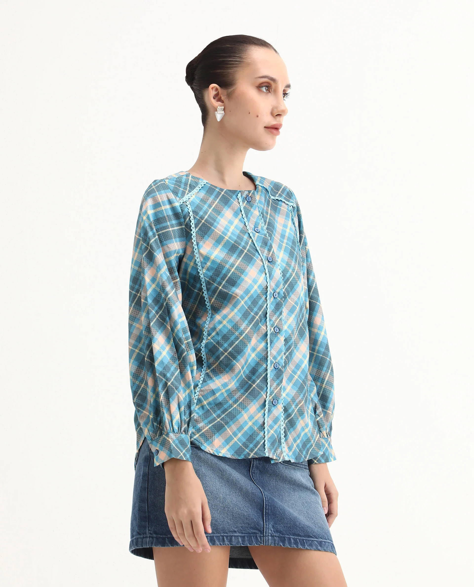 Rareism Women's Sirkolo Blue Cotton Blend Mandarin Collar Flannel Print Bishop Sleeve Regular Fit Shirt - Image 7