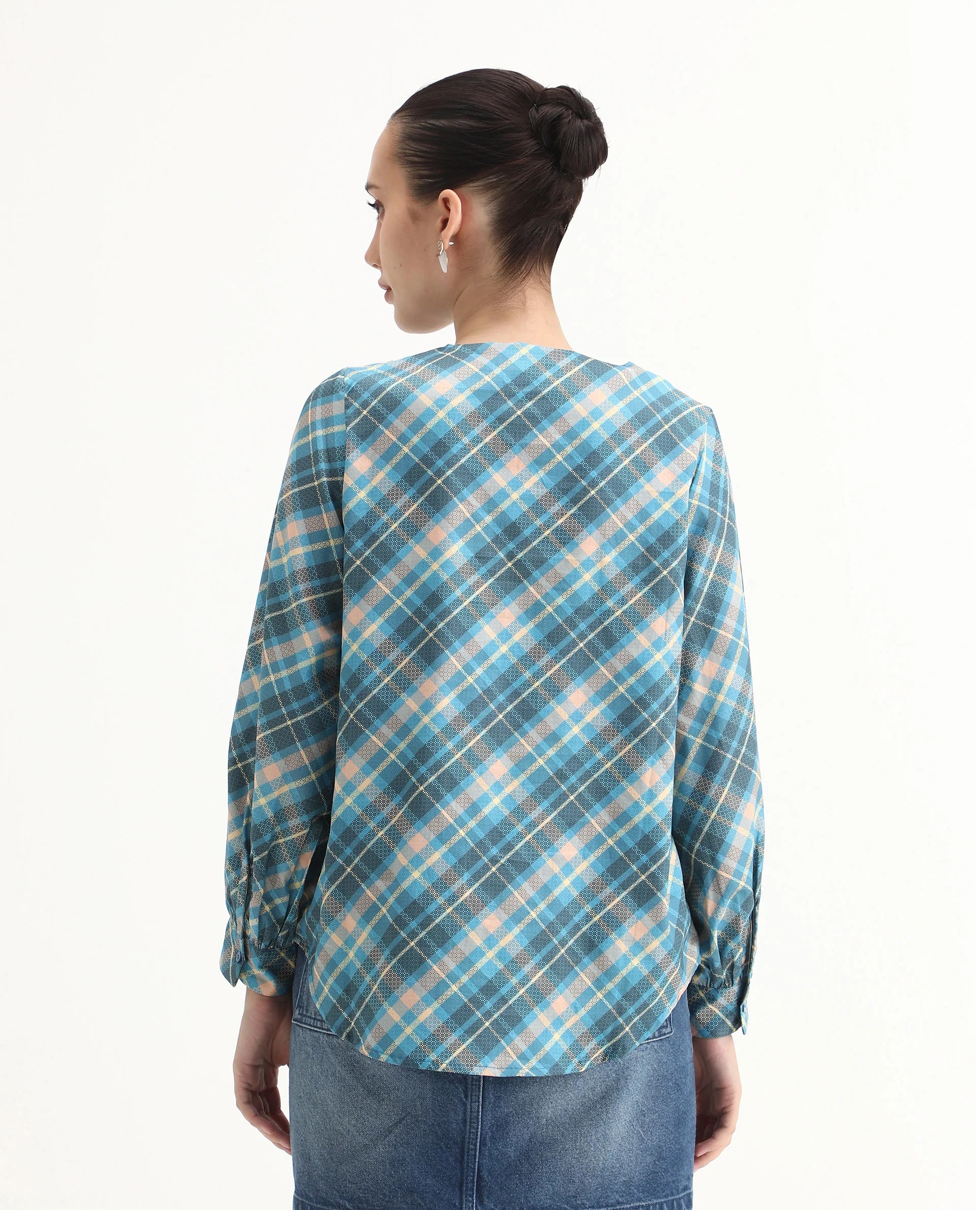 Rareism Women's Sirkolo Blue Cotton Blend Mandarin Collar Flannel Print Bishop Sleeve Regular Fit Shirt - Image 8