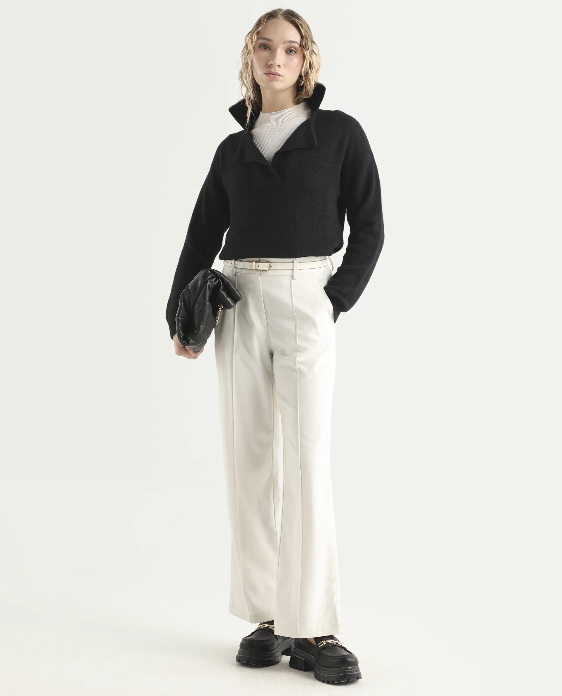 Rareism Women's Sirnak Black Acrylic Spread Collar Plain Relaxed Fit Sweater - Image 2