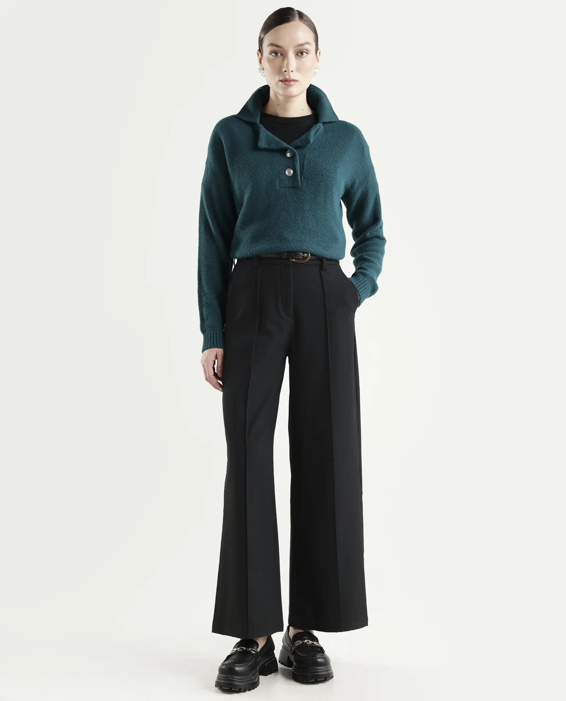 Rareism Women's Sirnak Green Drop Collar Plain Relaxed Fit Sweater - Image 2