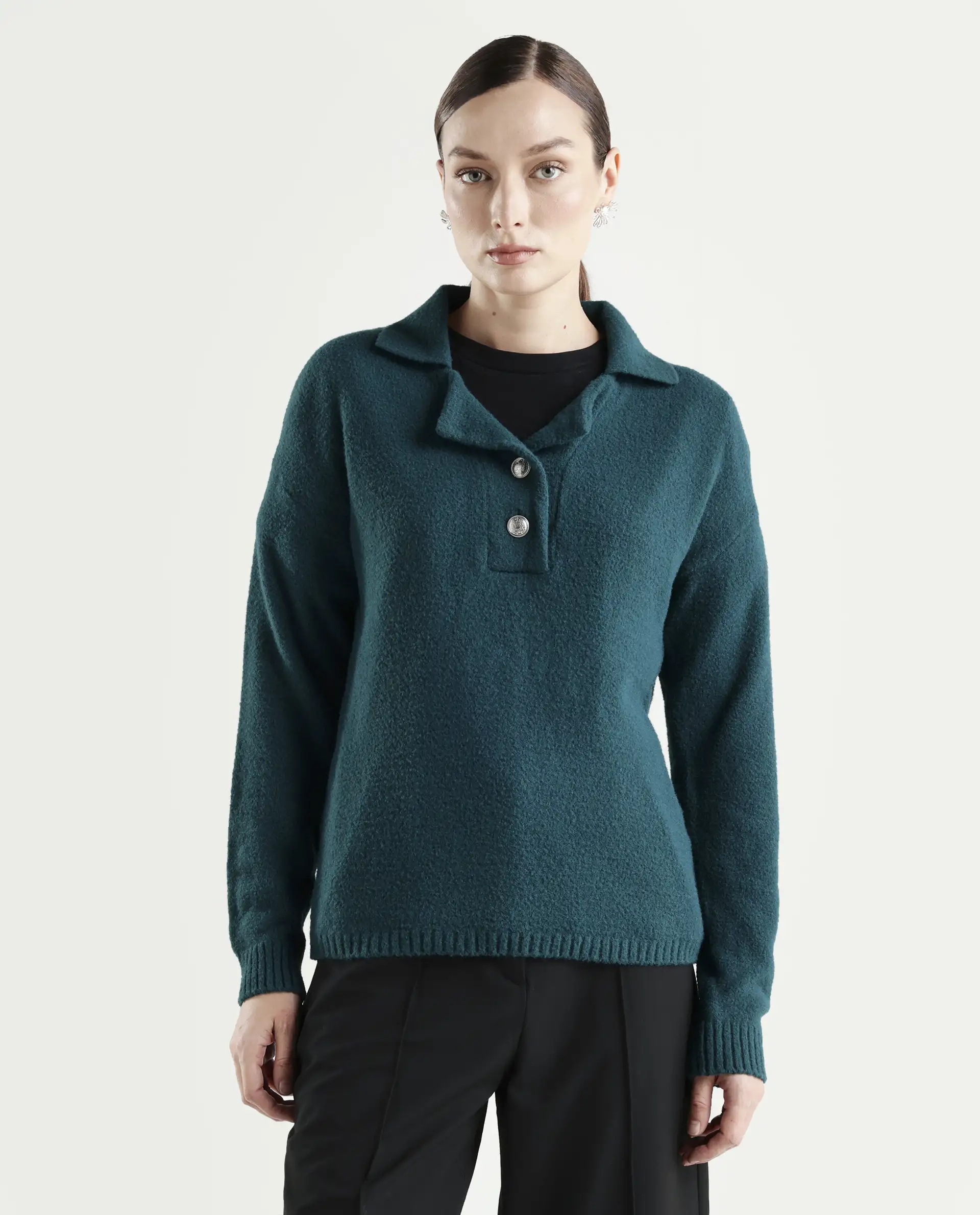 Rareism Women's Sirnak Green Drop Collar Plain Relaxed Fit Sweater - Image 3