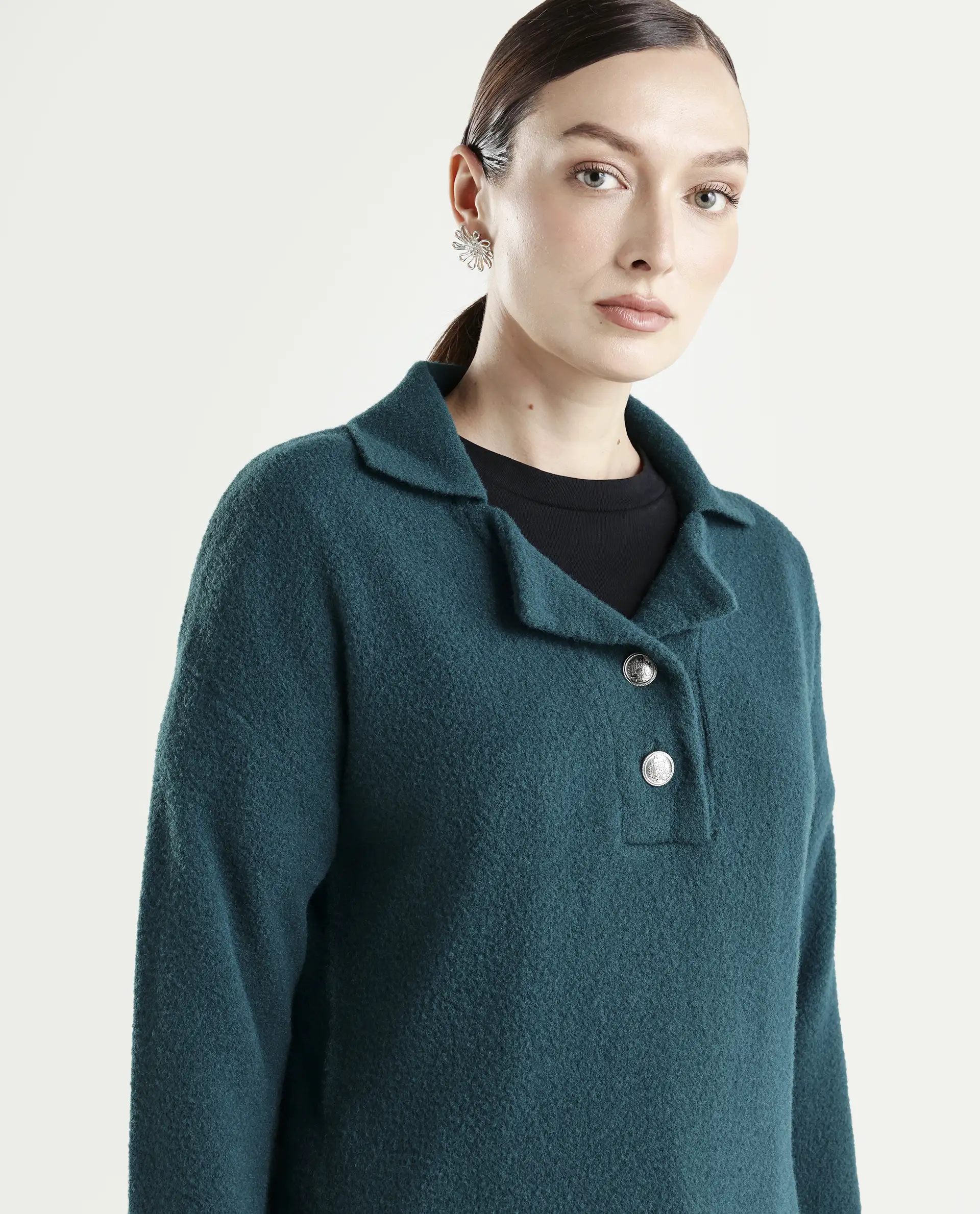 Rareism Women's Sirnak Green Drop Collar Plain Relaxed Fit Sweater - Image 4