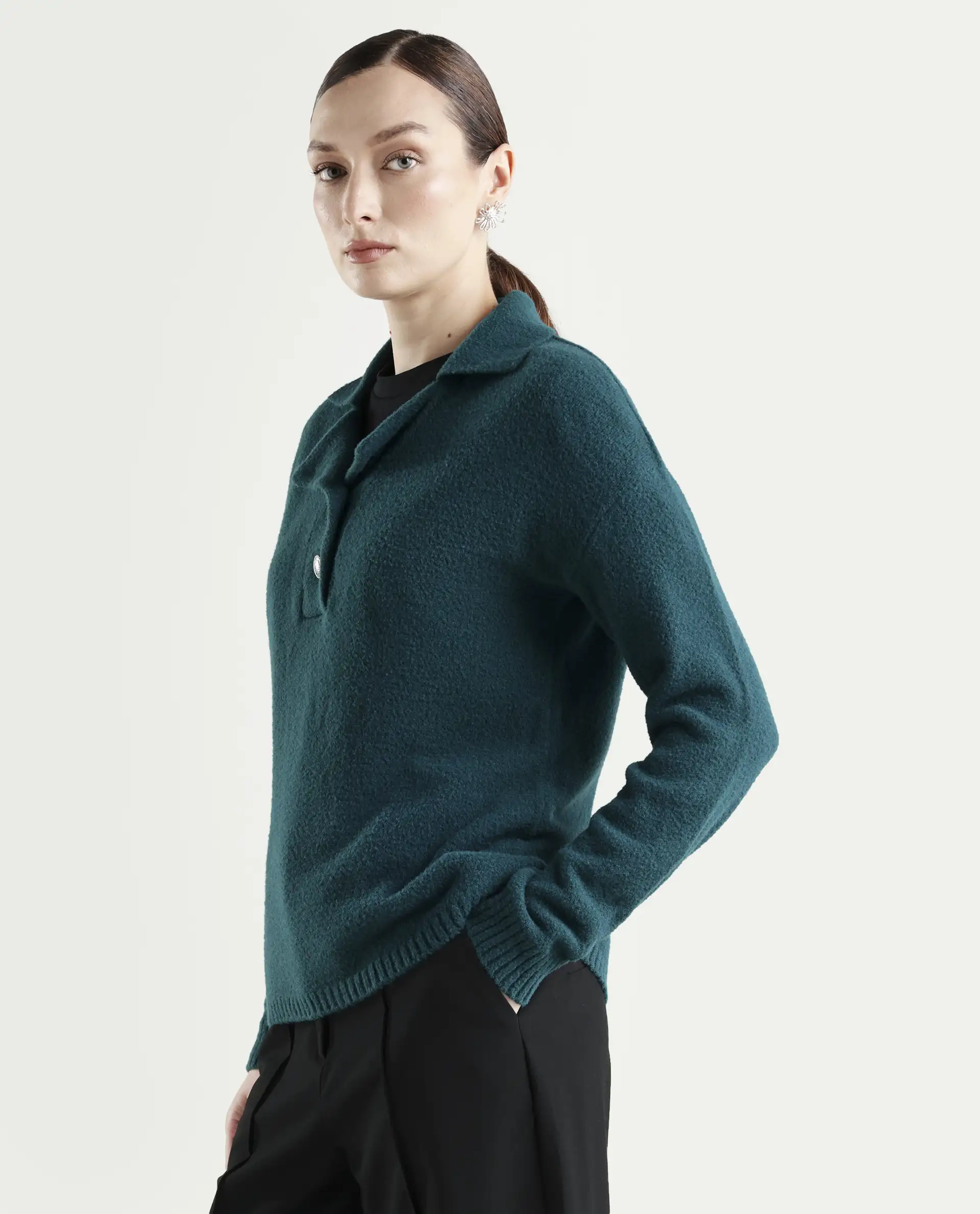 Rareism Women's Sirnak Green Drop Collar Plain Relaxed Fit Sweater - Image 5