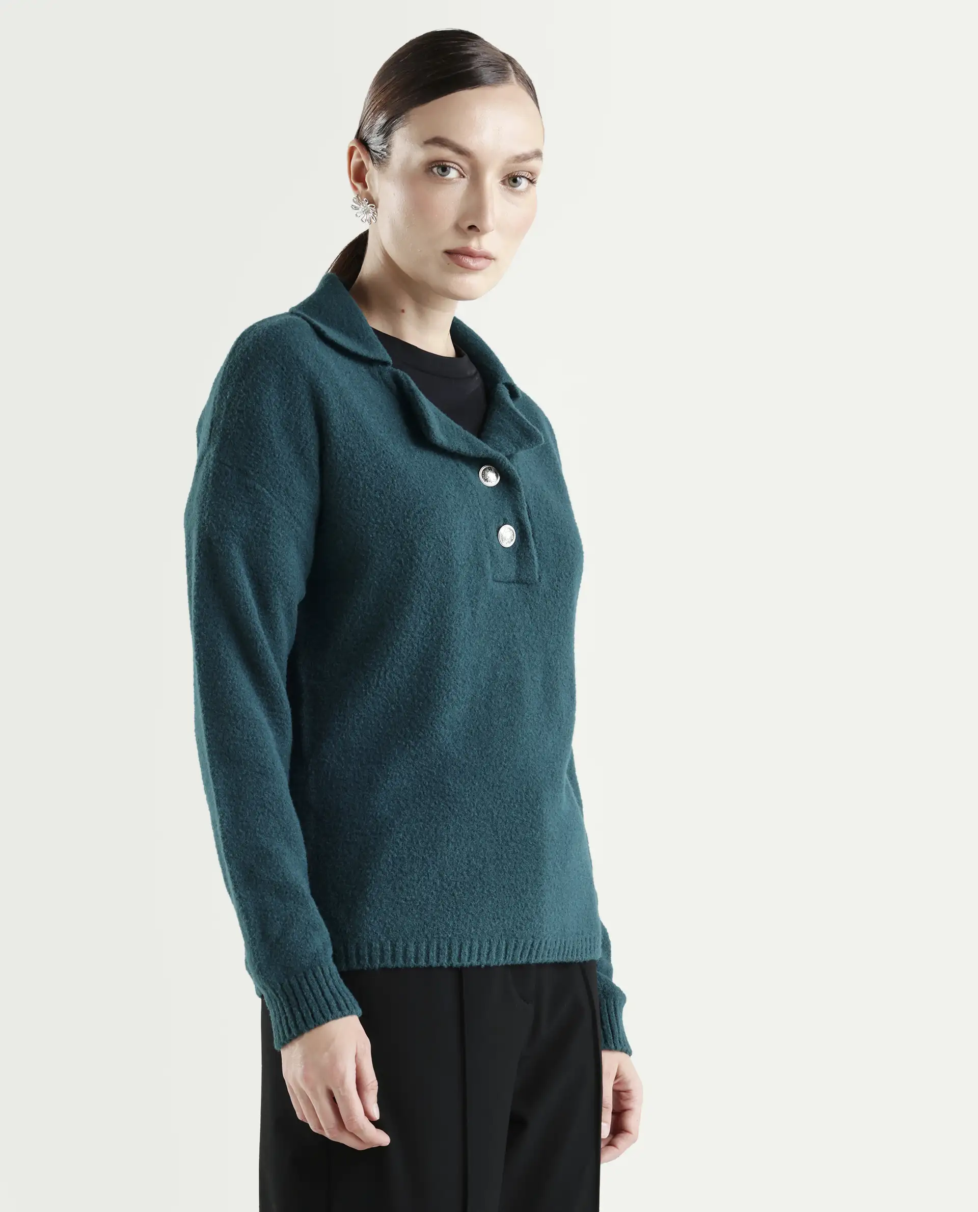 Rareism Women's Sirnak Green Drop Collar Plain Relaxed Fit Sweater - Image 6
