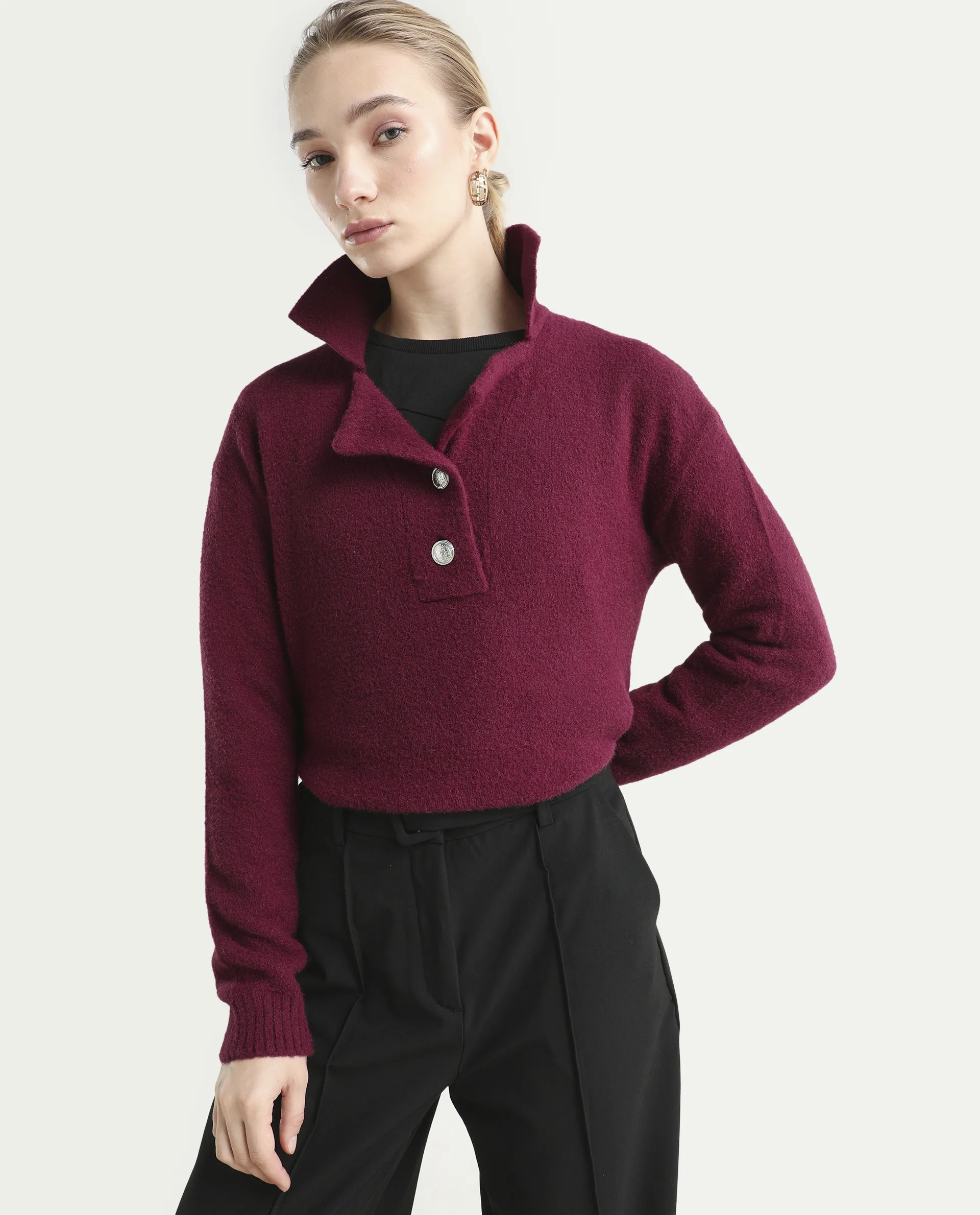 Rareism Women's Sirnak Maroon Drop Collar Plain Relaxed Fit Sweater
