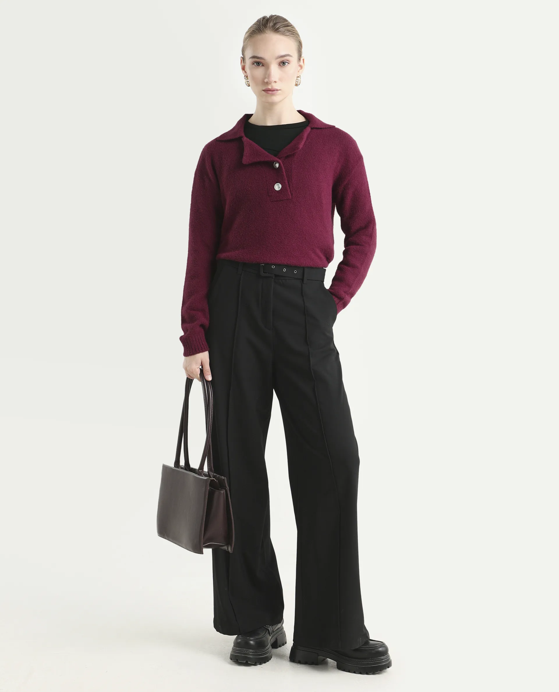 Rareism Women's Sirnak Maroon Drop Collar Plain Relaxed Fit Sweater - Image 2