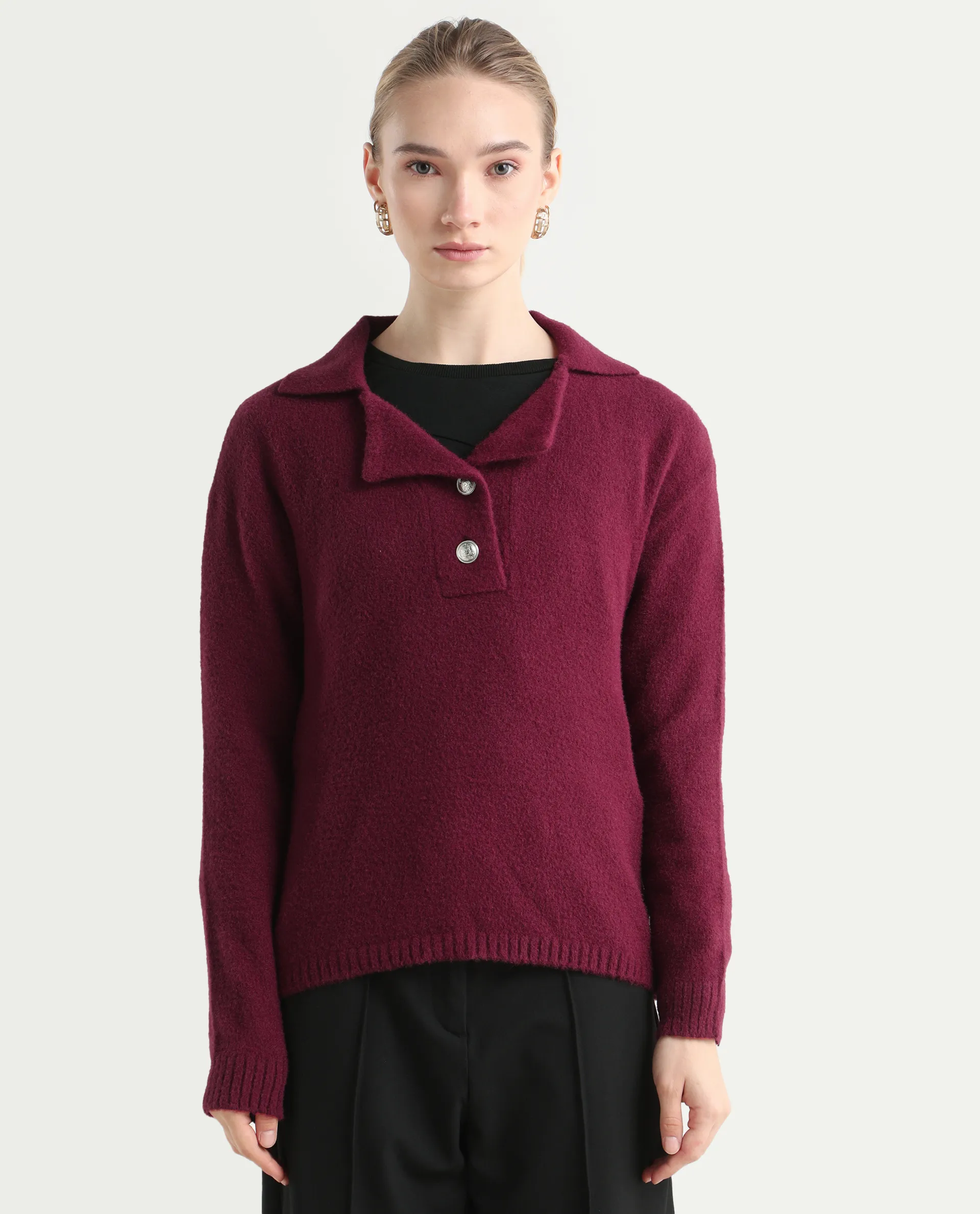 Rareism Women's Sirnak Maroon Drop Collar Plain Relaxed Fit Sweater - Image 3