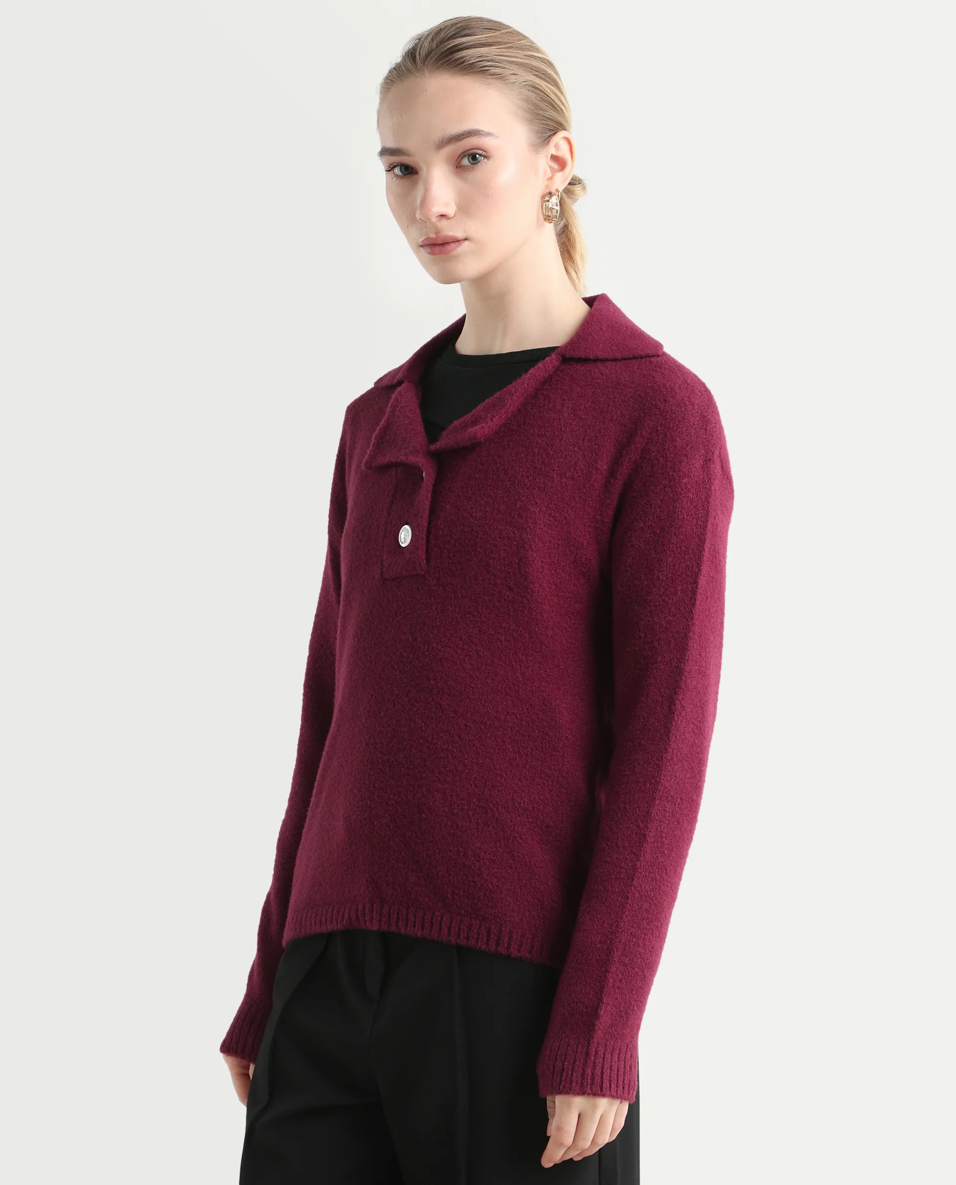 Rareism Women's Sirnak Maroon Drop Collar Plain Relaxed Fit Sweater - Image 5