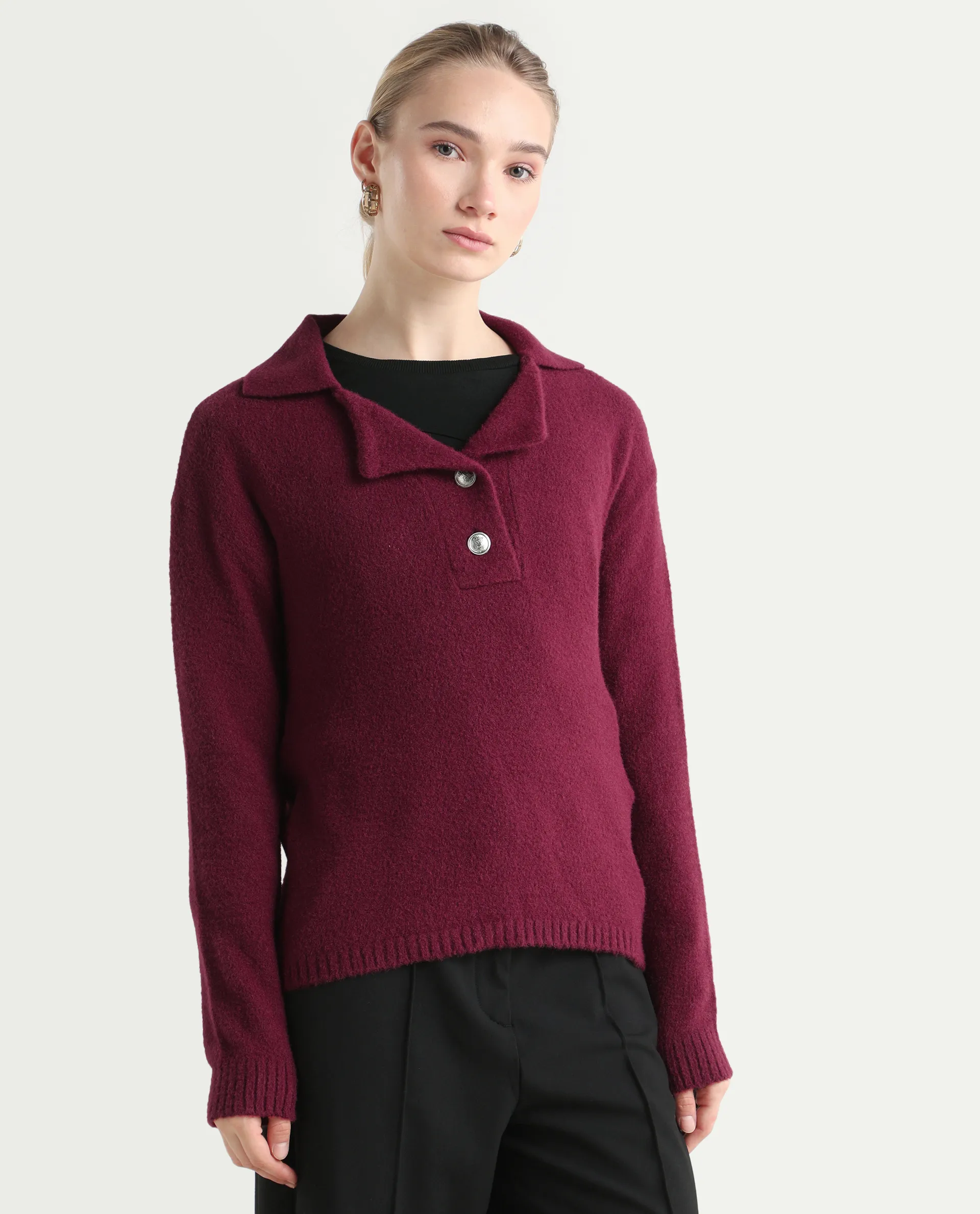 Rareism Women's Sirnak Maroon Drop Collar Plain Relaxed Fit Sweater - Image 6