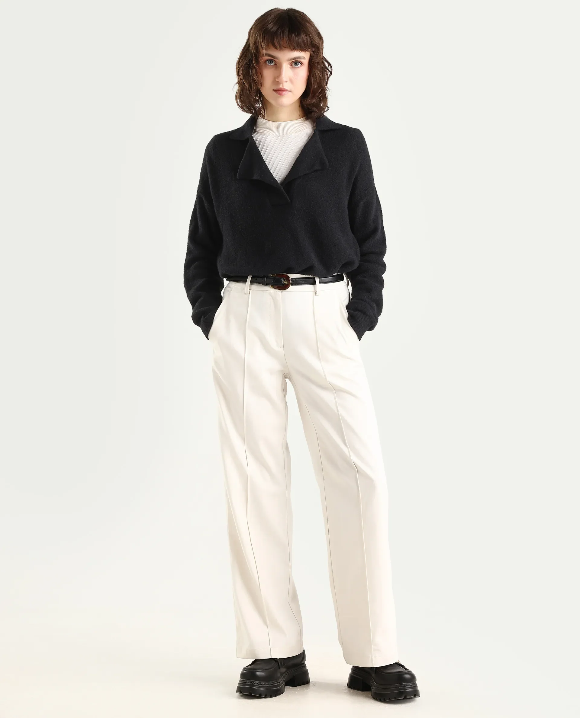 Rareism Women's Sirnako Black Acrylic Spread Collar Relaxed Fit Plain Sweater - Image 2