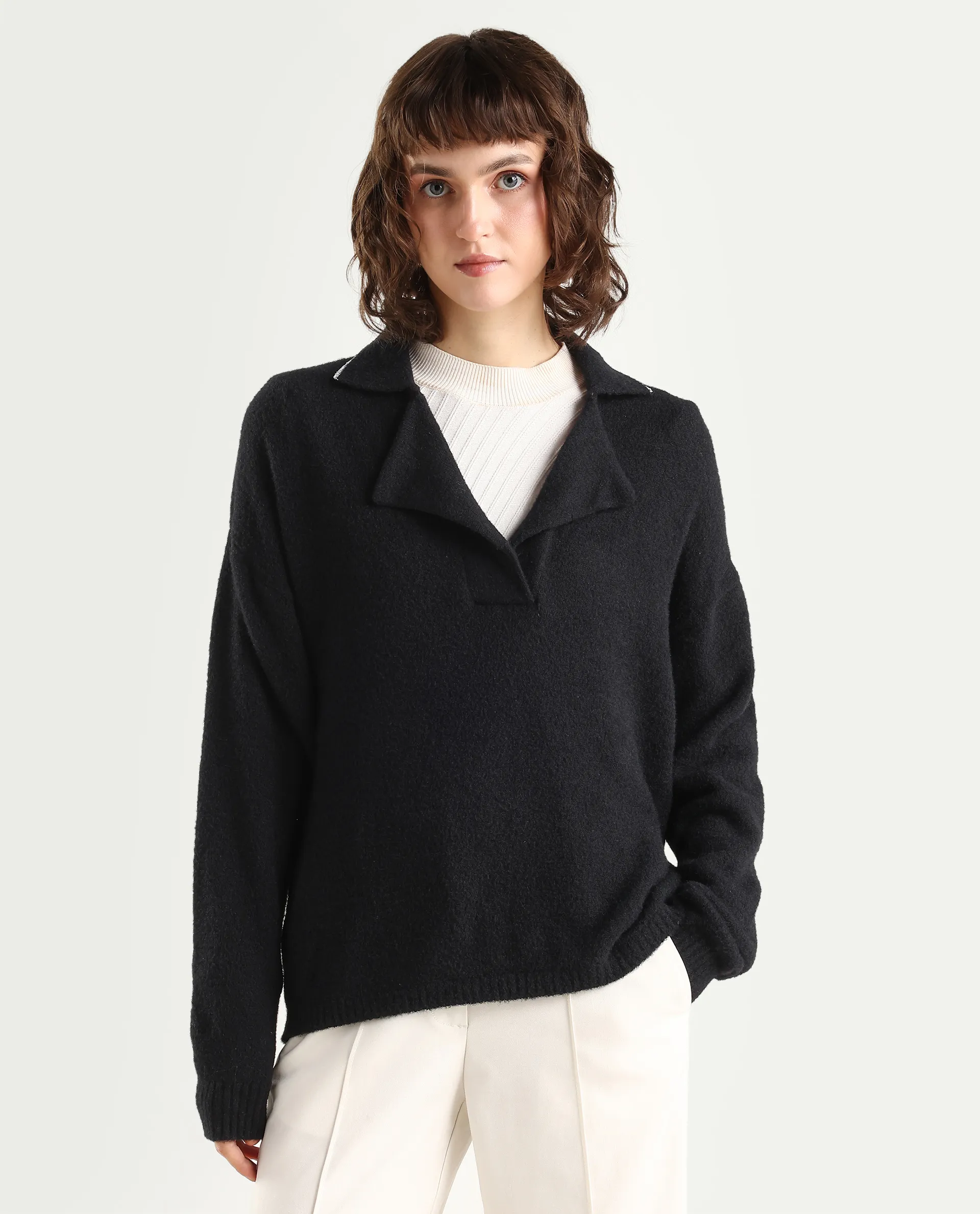 Rareism Women's Sirnako Black Acrylic Spread Collar Relaxed Fit Plain Sweater - Image 3
