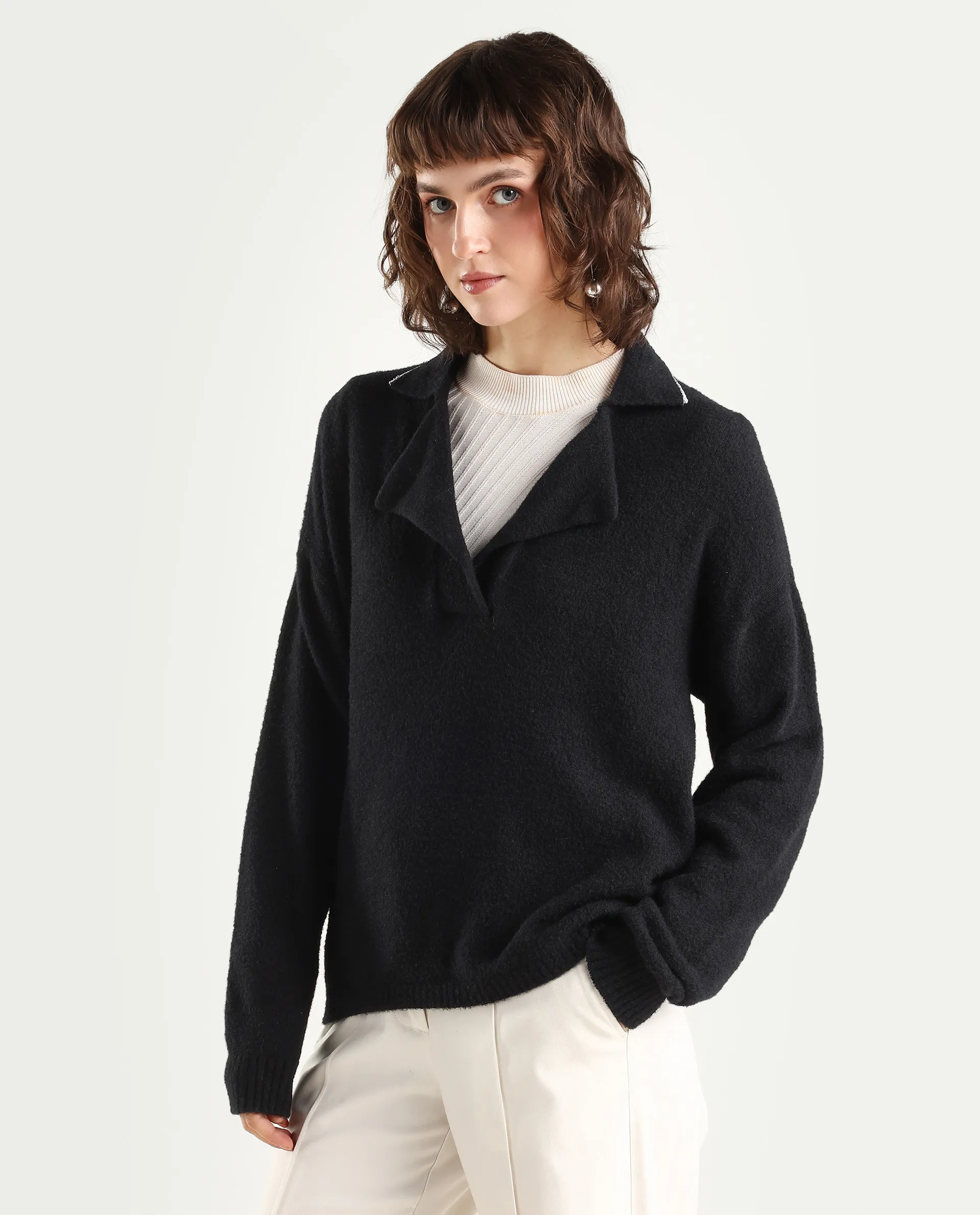 Rareism Women's Sirnako Black Acrylic Spread Collar Relaxed Fit Plain Sweater - Image 5