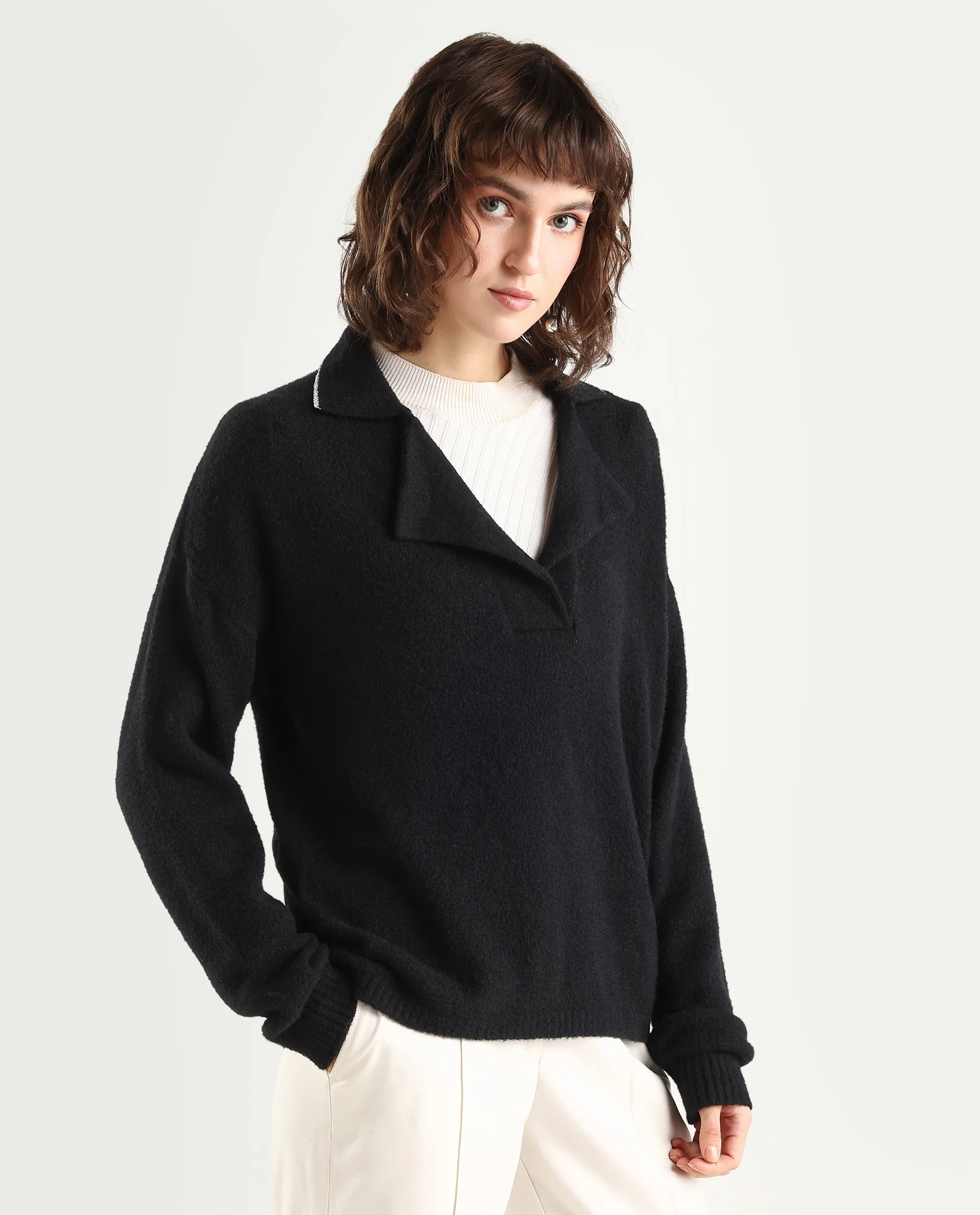 Rareism Women's Sirnako Black Acrylic Spread Collar Relaxed Fit Plain Sweater - Image 6