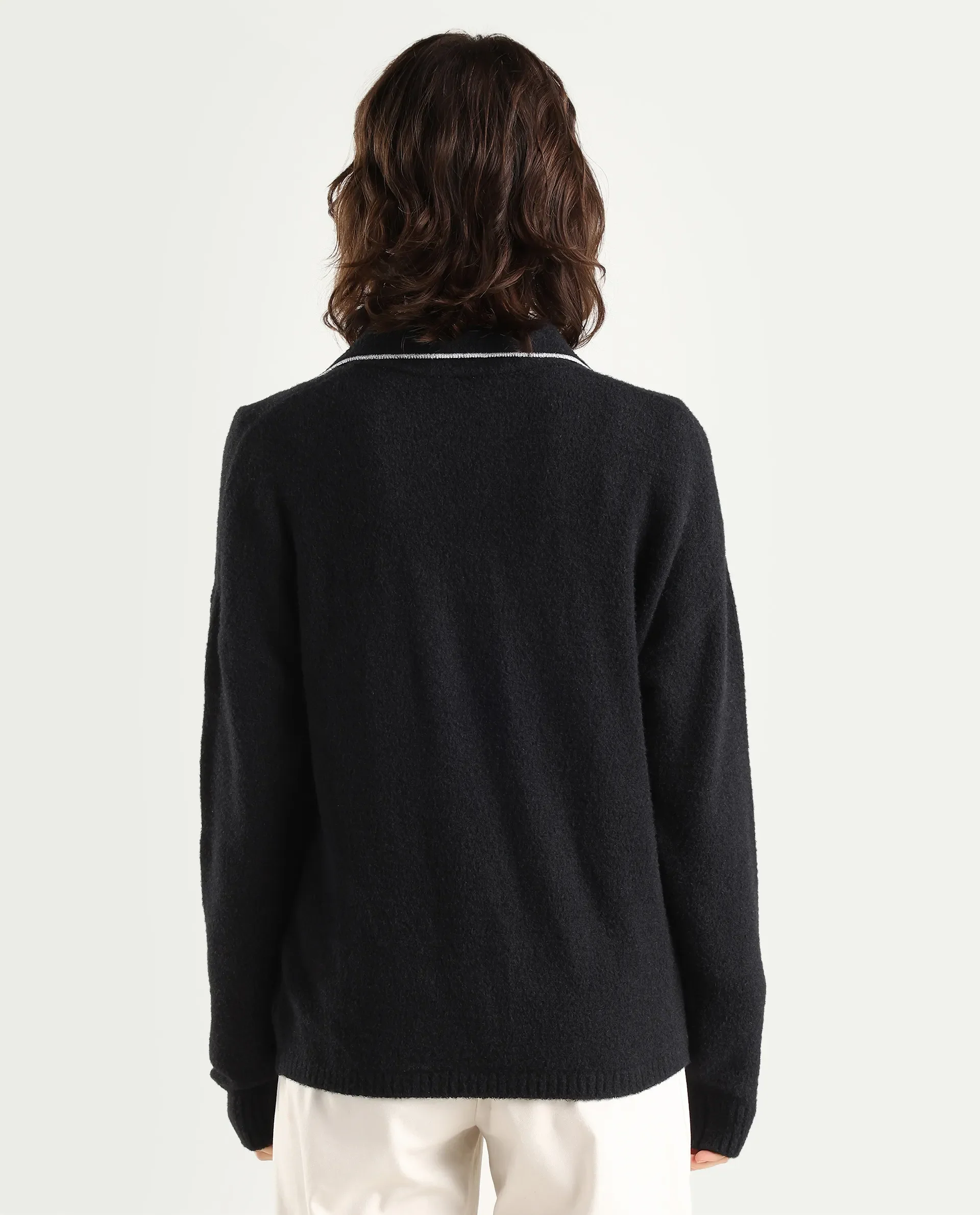 Rareism Women's Sirnako Black Acrylic Spread Collar Relaxed Fit Plain Sweater - Image 7