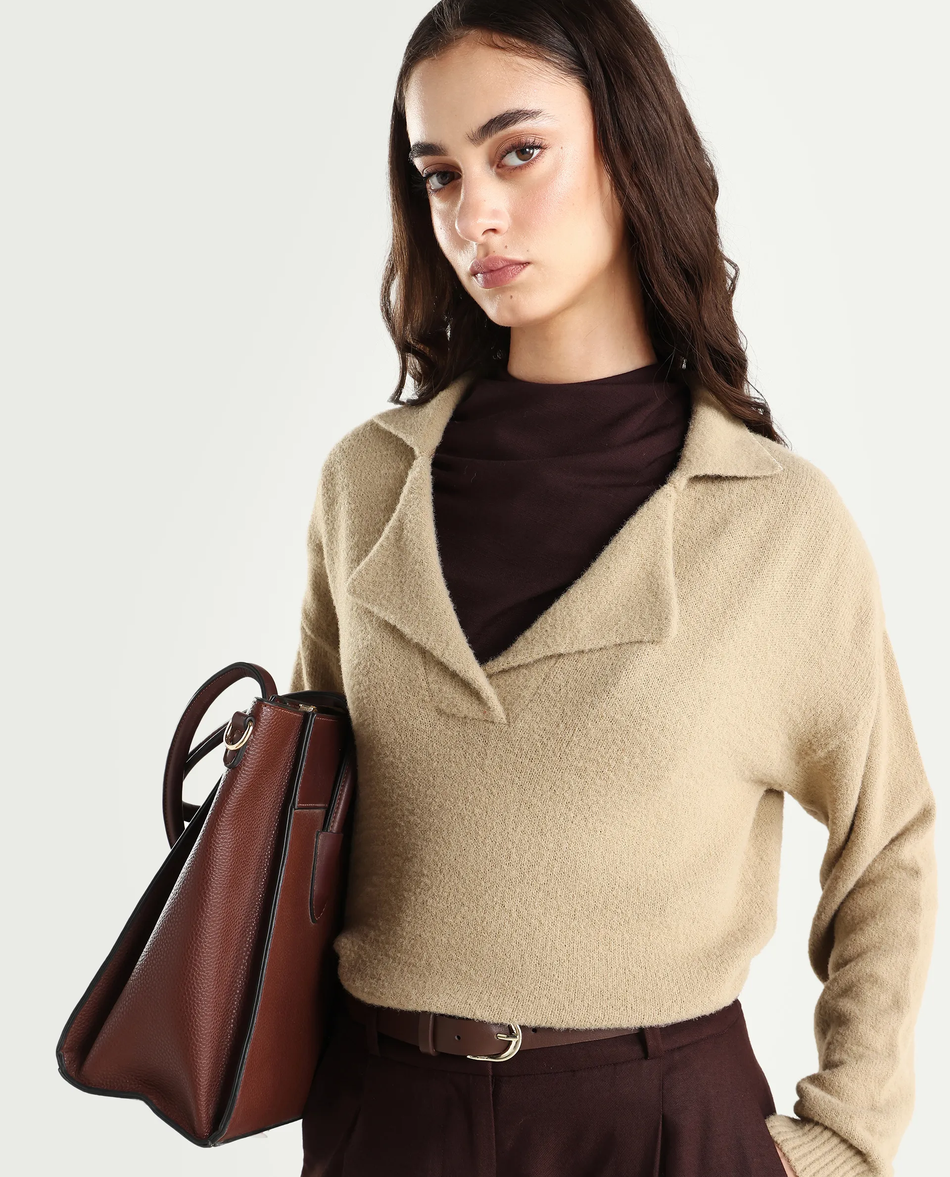 Rareism Women's Sirnako Light Beige Acrylic Spread Collar Relaxed Fit Plain Sweater