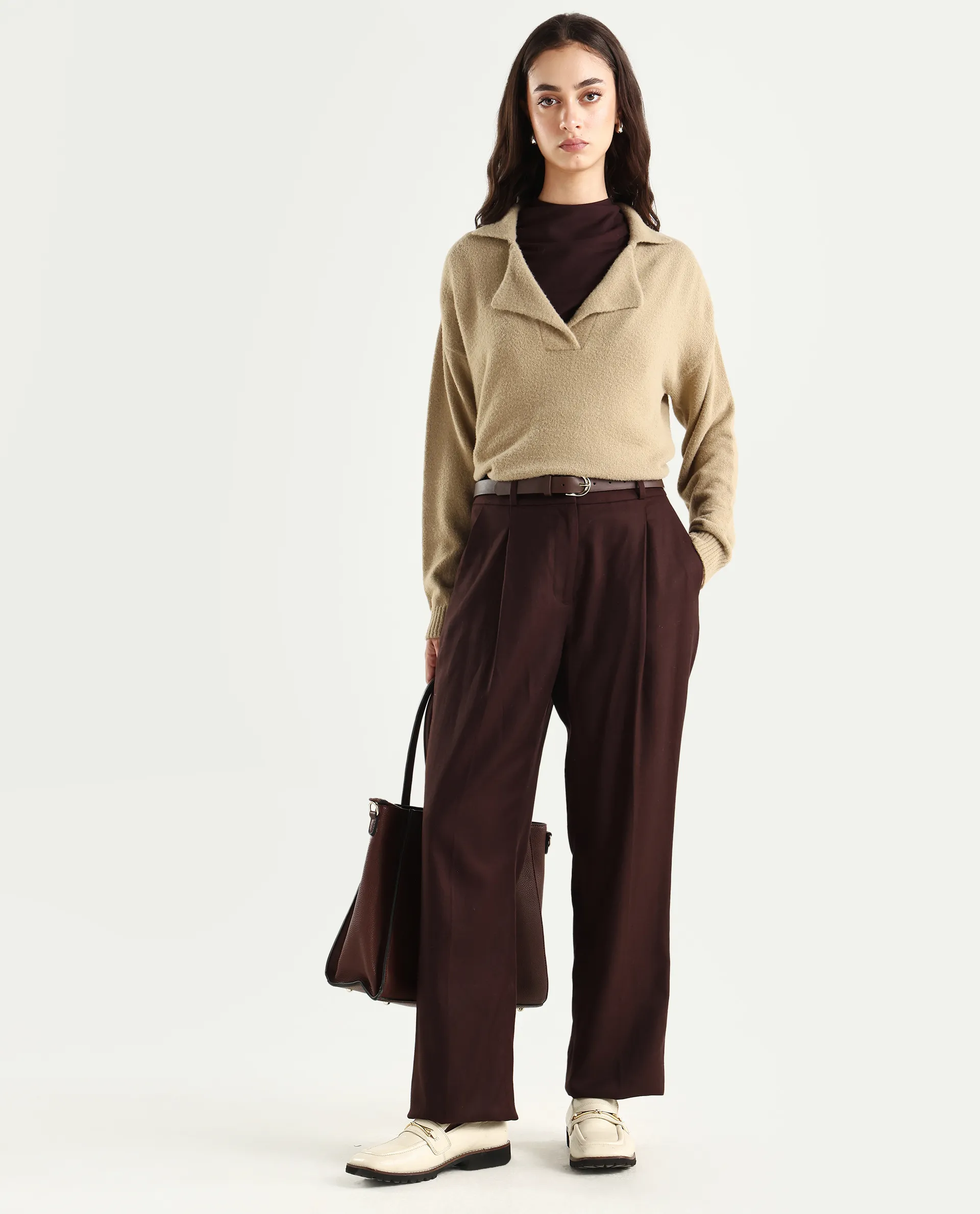 Rareism Women's Sirnako Light Beige Acrylic Spread Collar Relaxed Fit Plain Sweater - Image 2