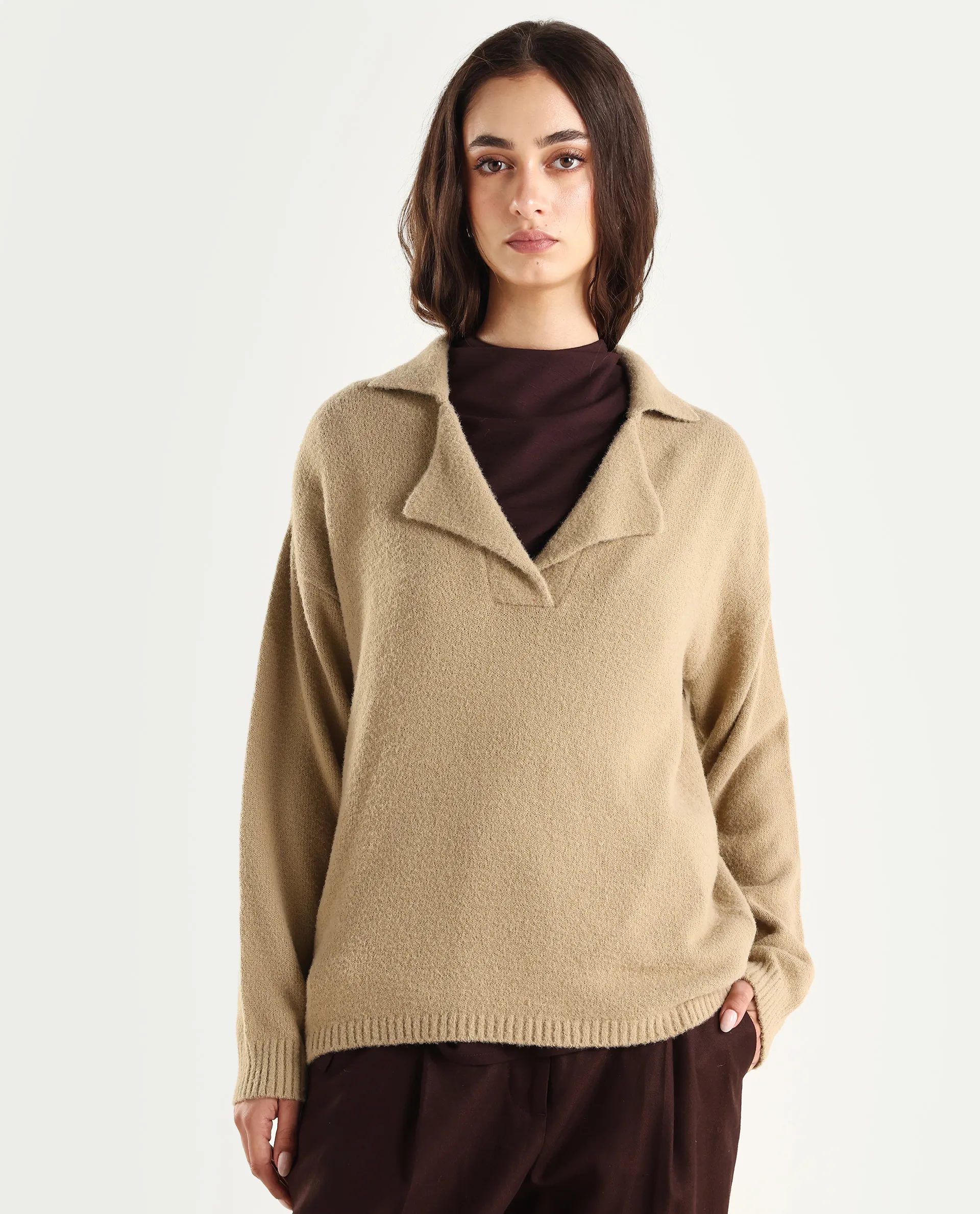 Rareism Women's Sirnako Light Beige Acrylic Spread Collar Relaxed Fit Plain Sweater - Image 3