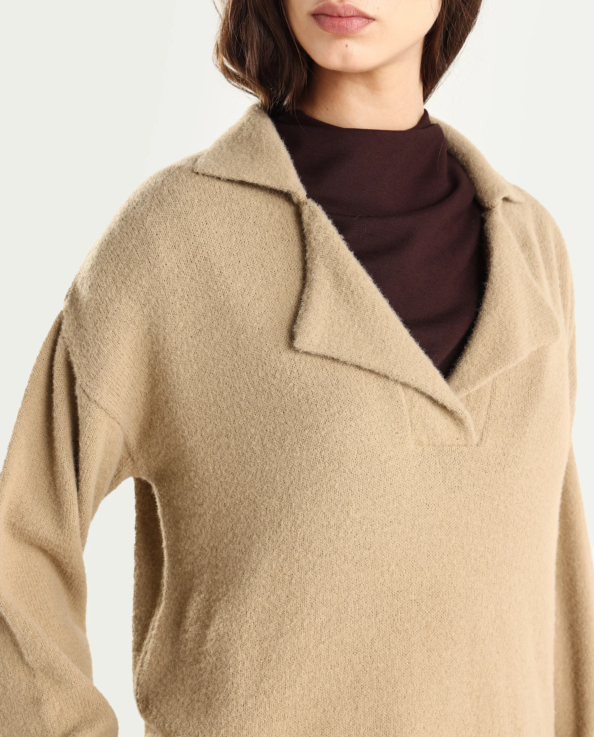 Rareism Women's Sirnako Light Beige Acrylic Spread Collar Relaxed Fit Plain Sweater - Image 4