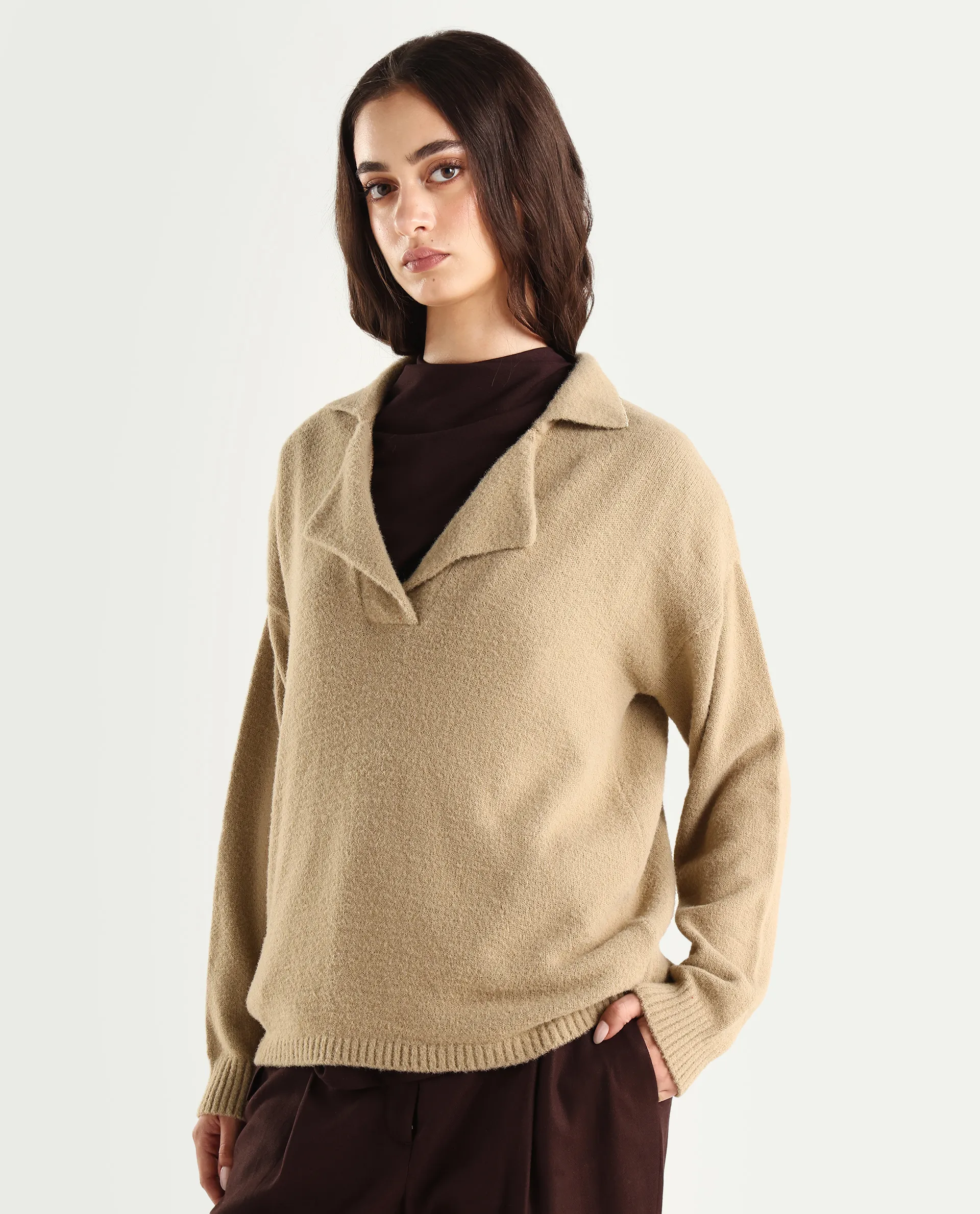 Rareism Women's Sirnako Light Beige Acrylic Spread Collar Relaxed Fit Plain Sweater - Image 5