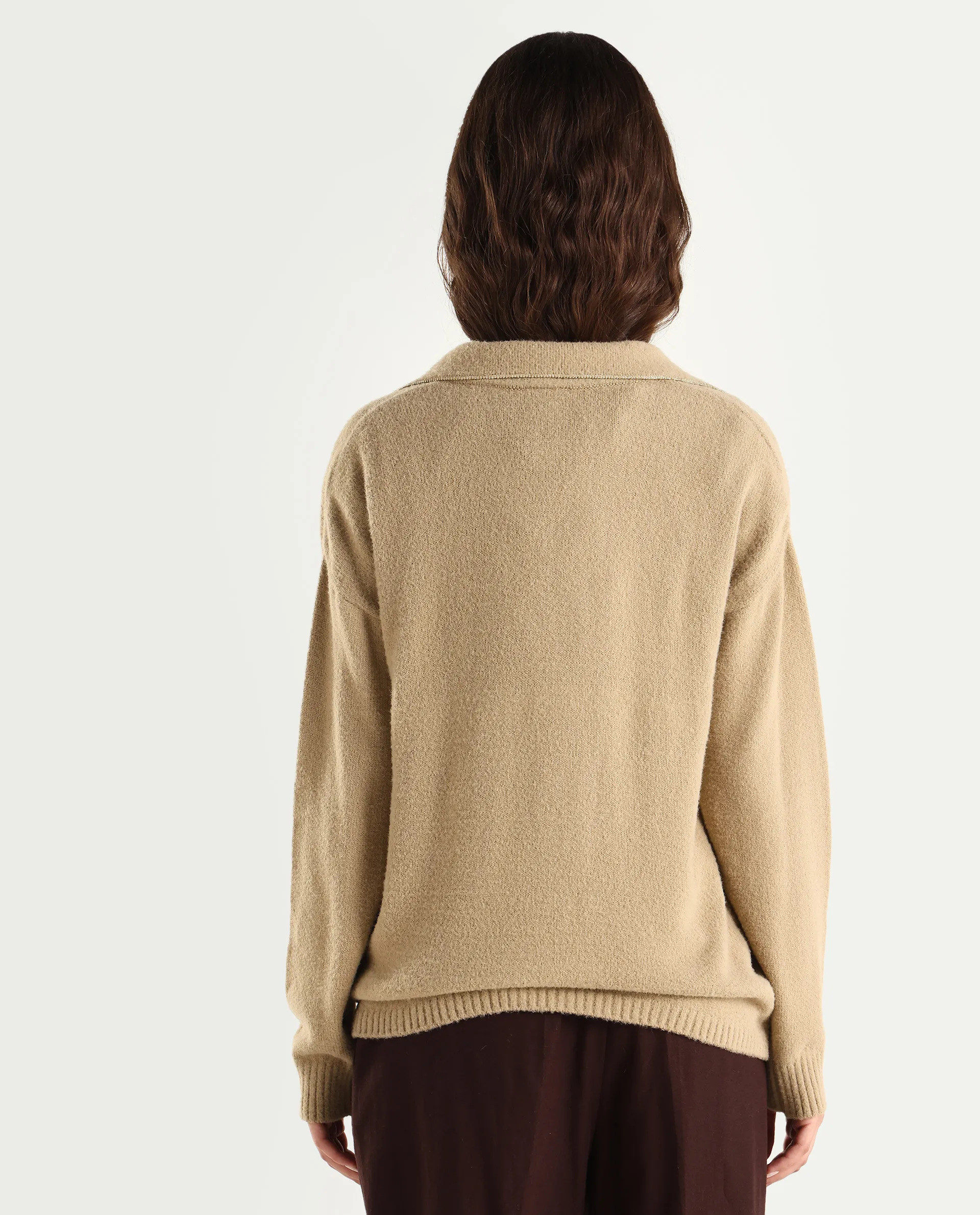 Rareism Women's Sirnako Light Beige Acrylic Spread Collar Relaxed Fit Plain Sweater - Image 7