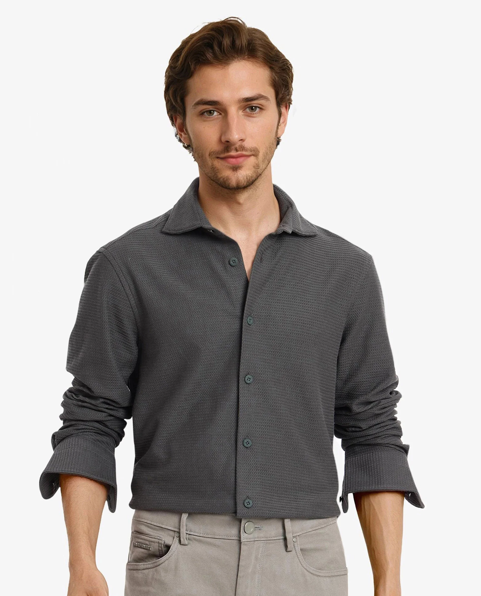 Rare Rabbit Men's Site Ls Dark Green Cotton Textured Regular Fit Full Sleeve Collared Shirt