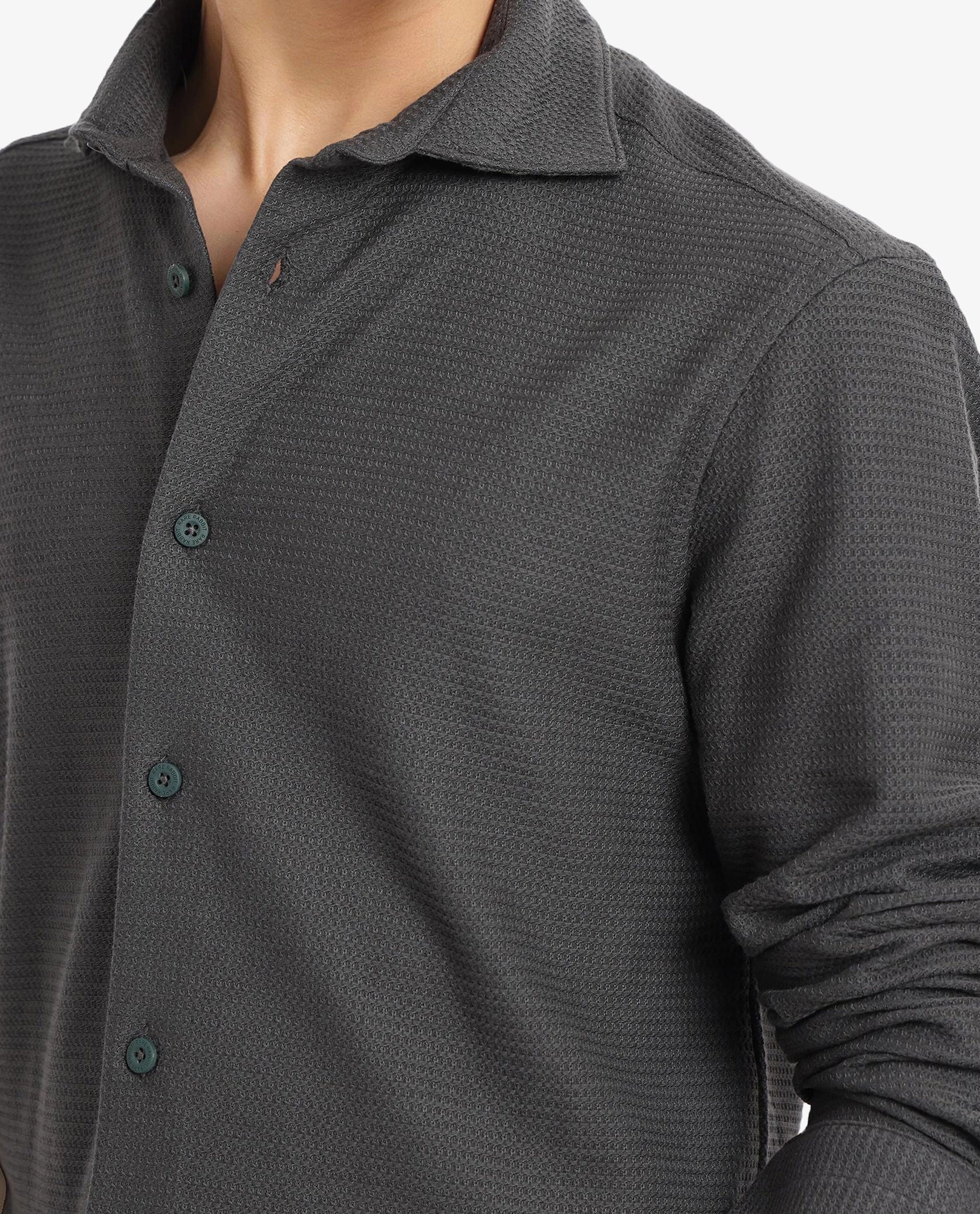 Rare Rabbit Men's Site Ls Dark Green Cotton Textured Regular Fit Full Sleeve Collared Shirt - Image 4