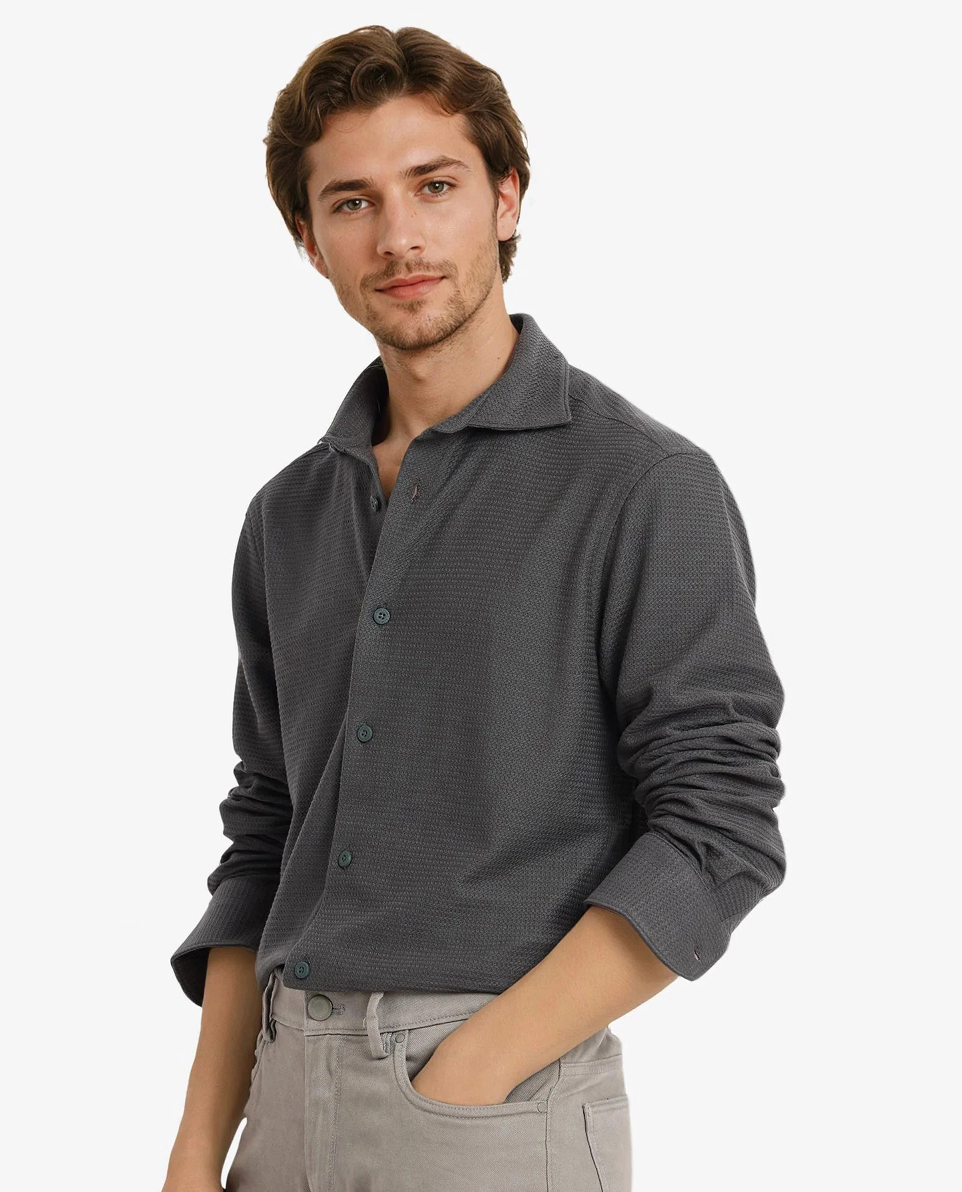 Rare Rabbit Men's Site Ls Dark Green Cotton Textured Regular Fit Full Sleeve Collared Shirt - Image 6