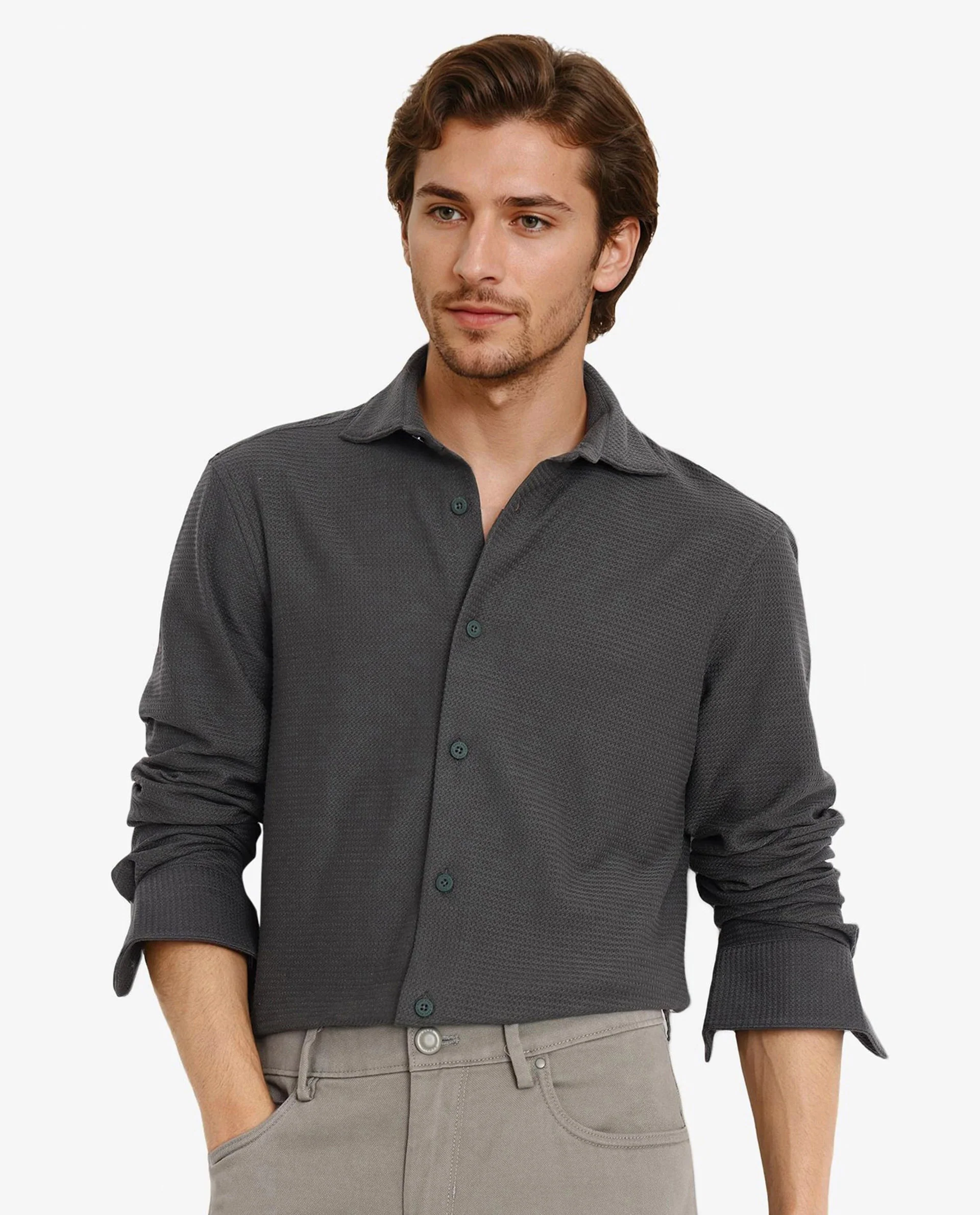 Rare Rabbit Men's Site Ls Dark Green Cotton Textured Regular Fit Full Sleeve Collared Shirt - Image 8