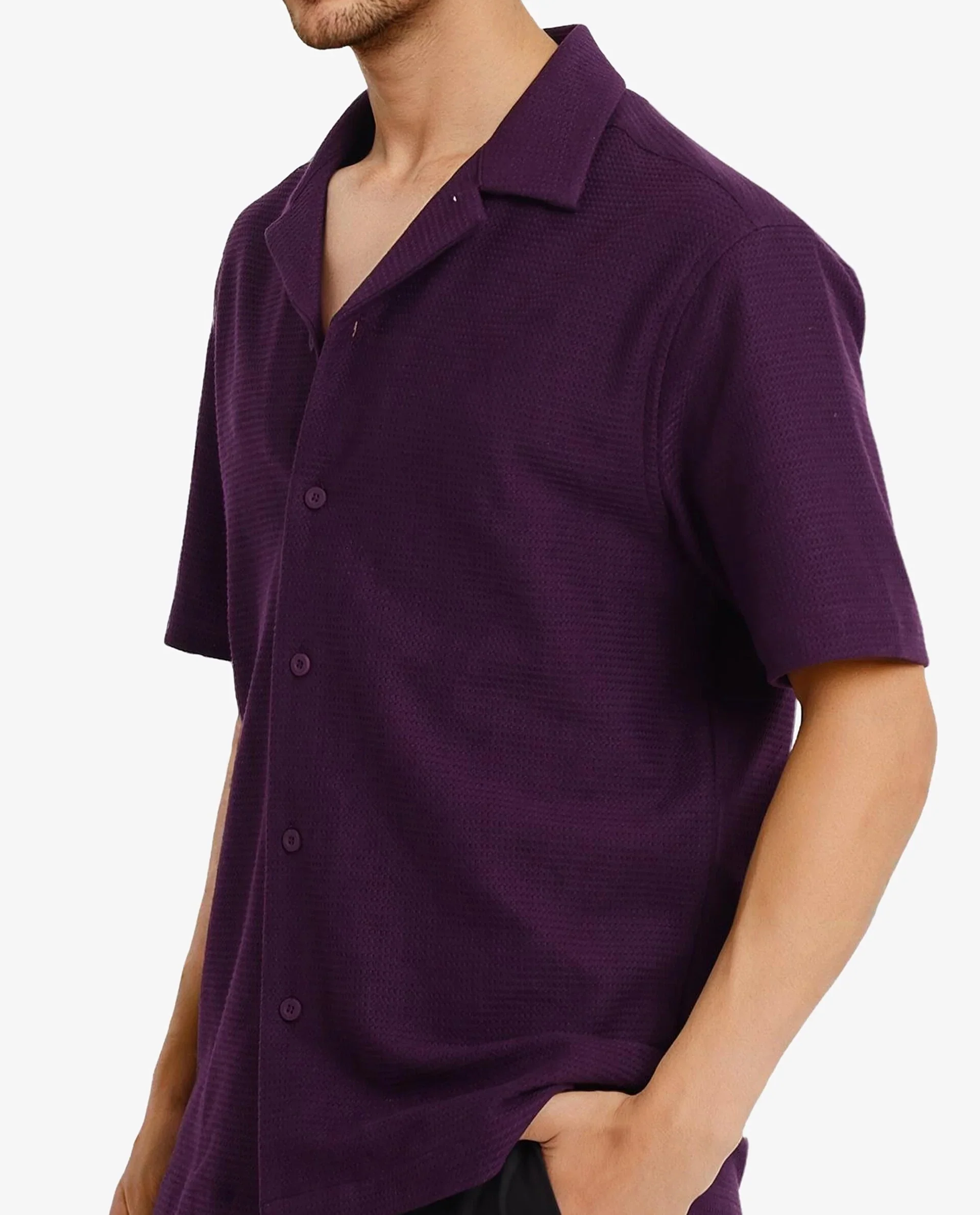 Rare Rabbit Men's Site Ss Dark Purple Plain Boxy Fit Half Sleeve Collared Shirt - Image 4