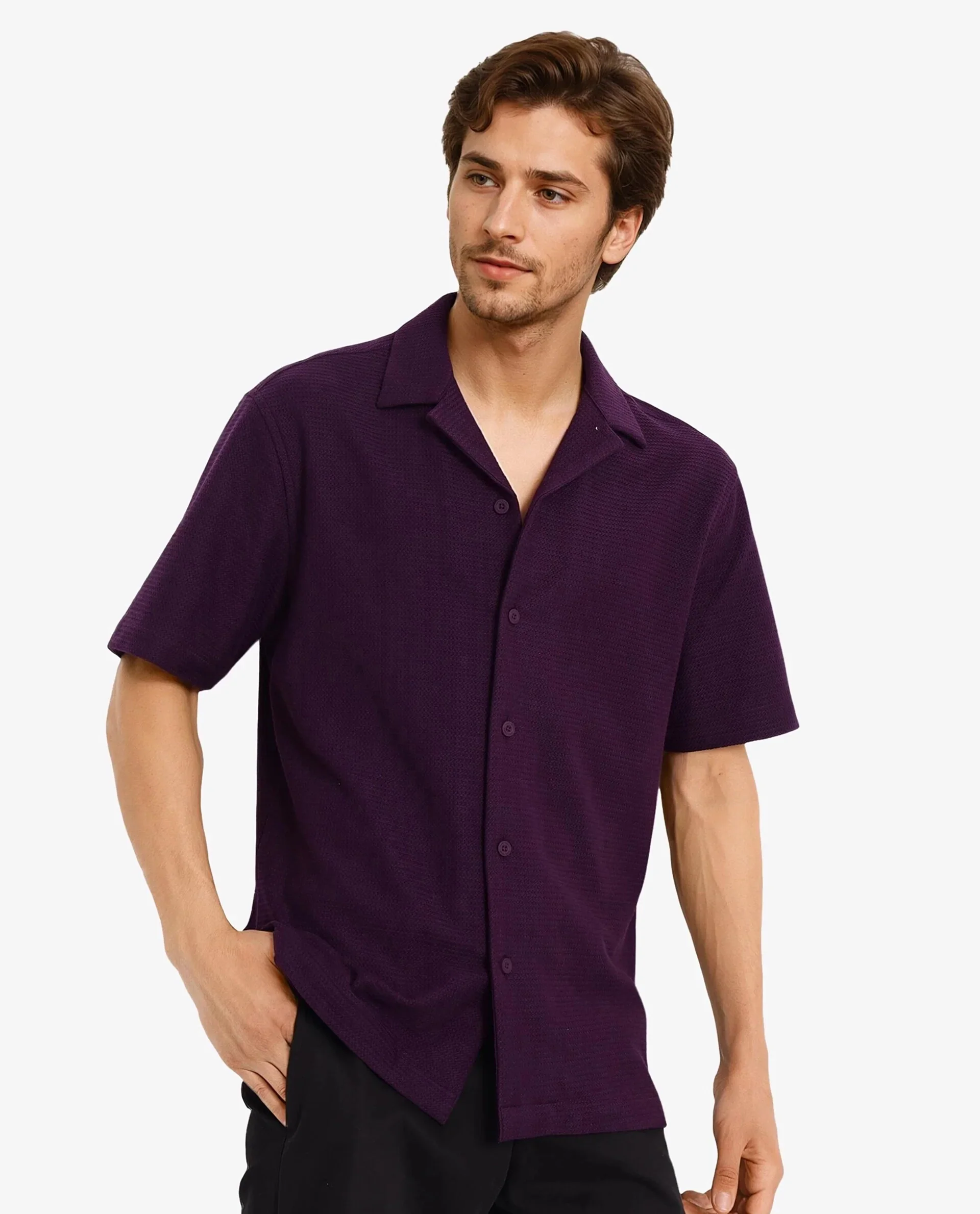 Rare Rabbit Men's Site Ss Dark Purple Plain Boxy Fit Half Sleeve Collared Shirt - Image 7