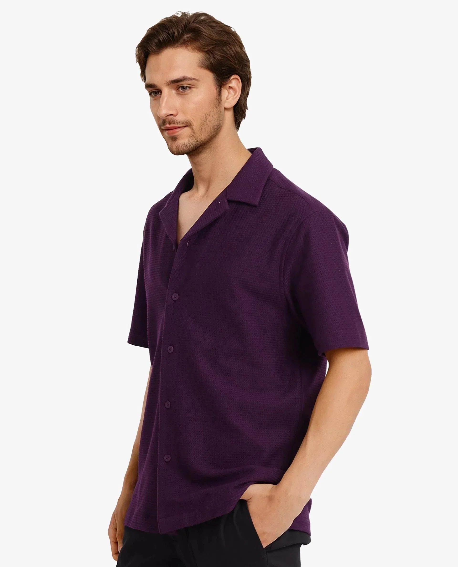 Rare Rabbit Men's Site Ss Dark Purple Plain Boxy Fit Half Sleeve Collared Shirt - Image 8