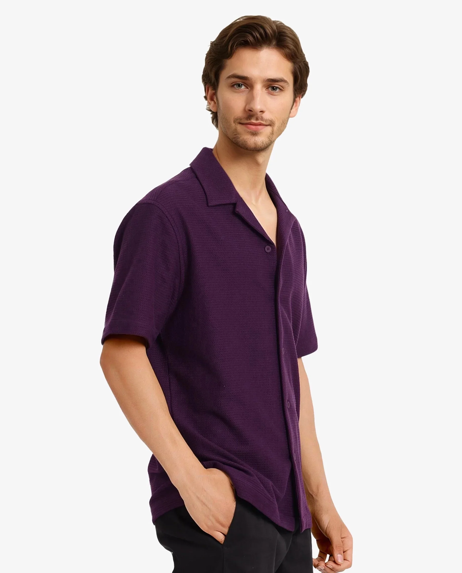Rare Rabbit Men's Site Ss Dark Purple Plain Boxy Fit Half Sleeve Collared Shirt - Image 9