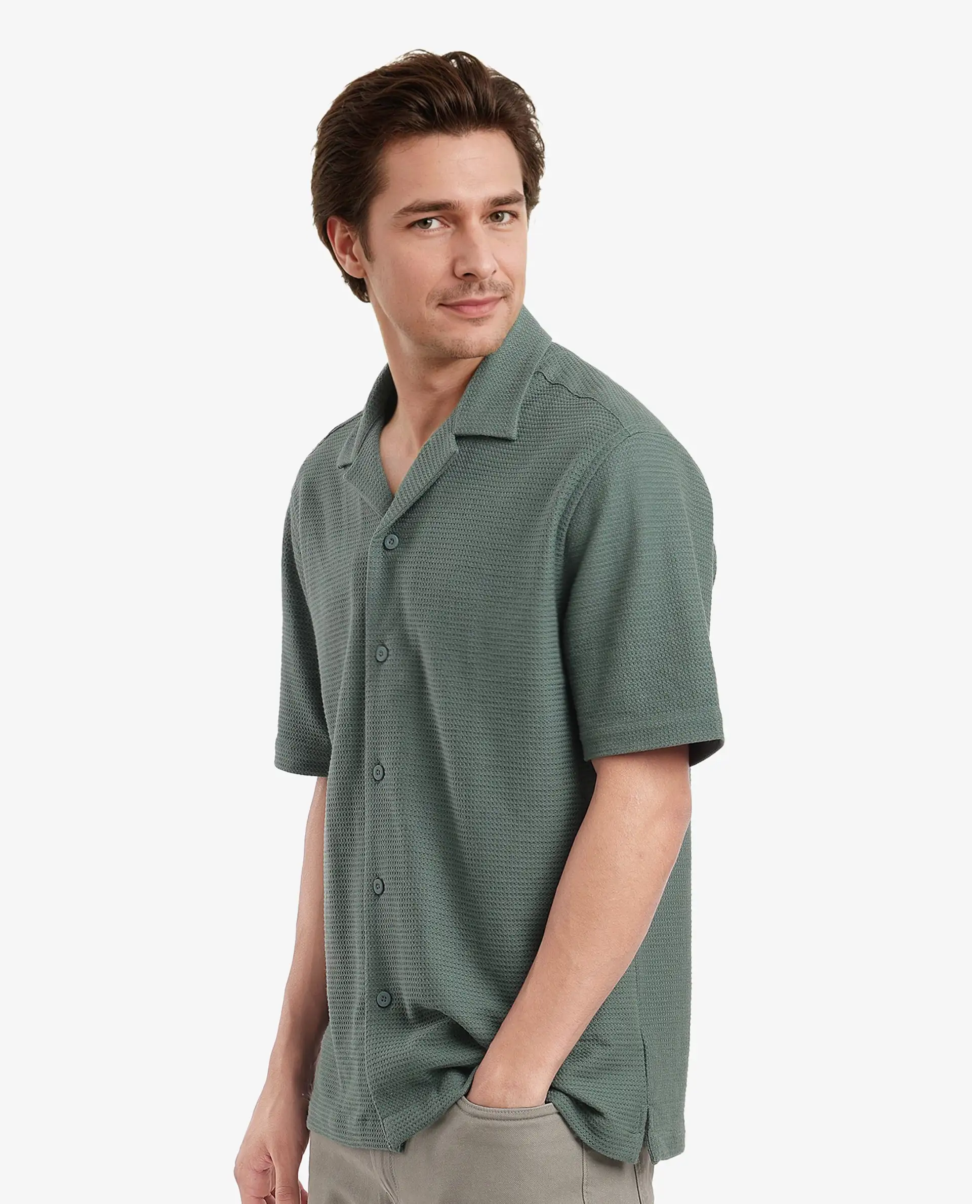 Rare Rabbit Men's Site Ss Dusky Green Plain Boxy Fit Half Sleeve Collared Shirt - Image 6