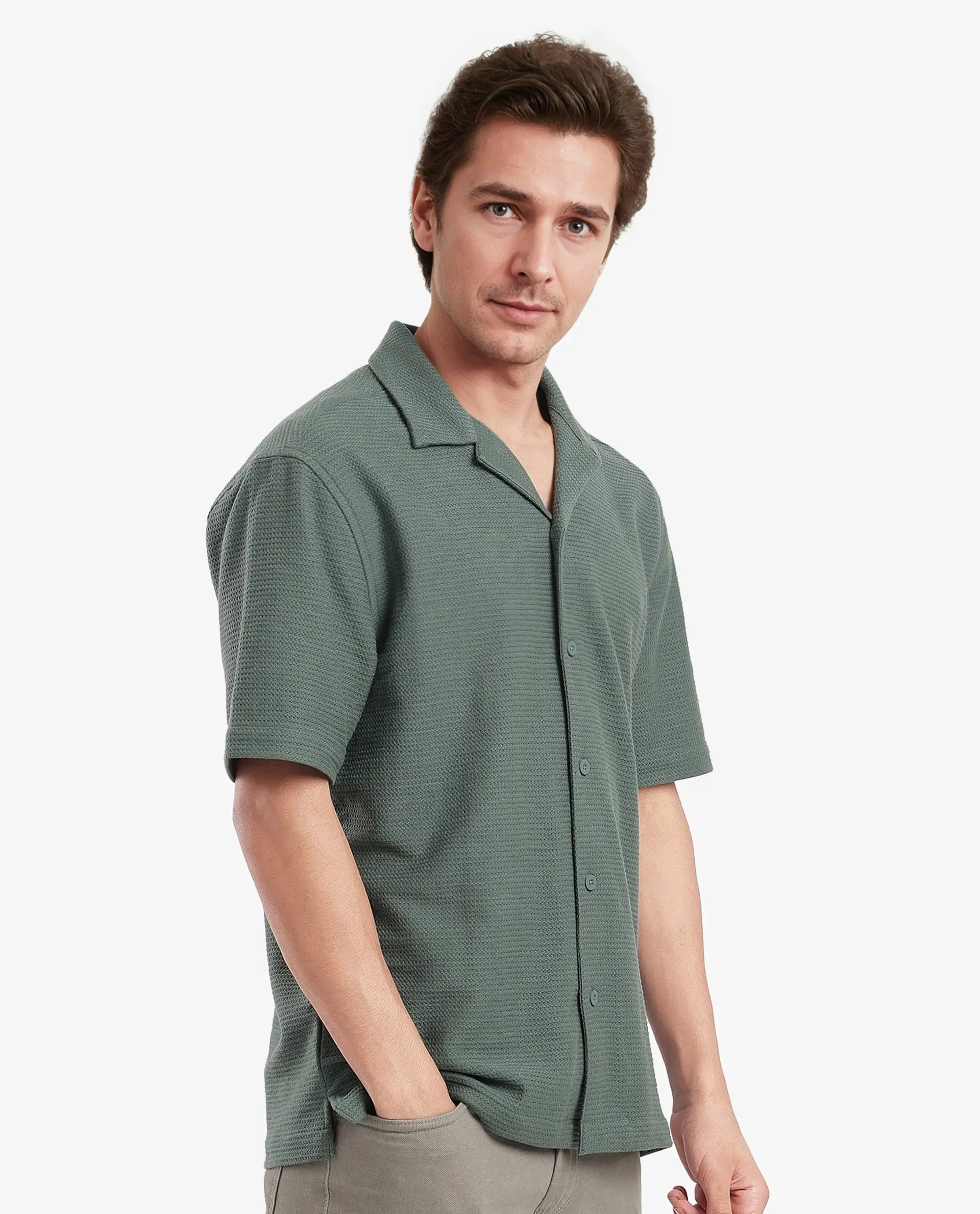 Rare Rabbit Men's Site Ss Dusky Green Plain Boxy Fit Half Sleeve Collared Shirt - Image 7