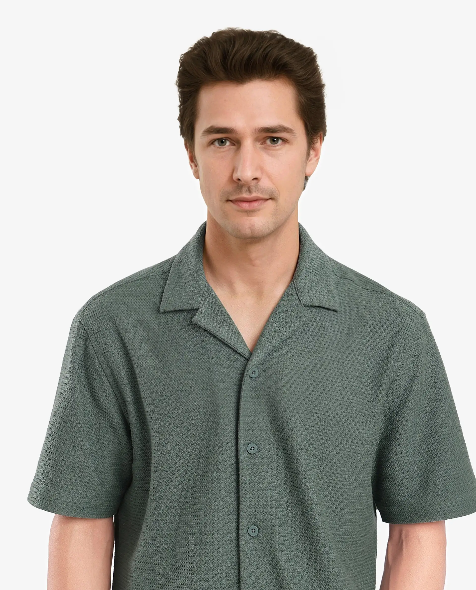 Rare Rabbit Men's Site Ss Dusky Green Plain Boxy Fit Half Sleeve Collared Shirt - Image 8