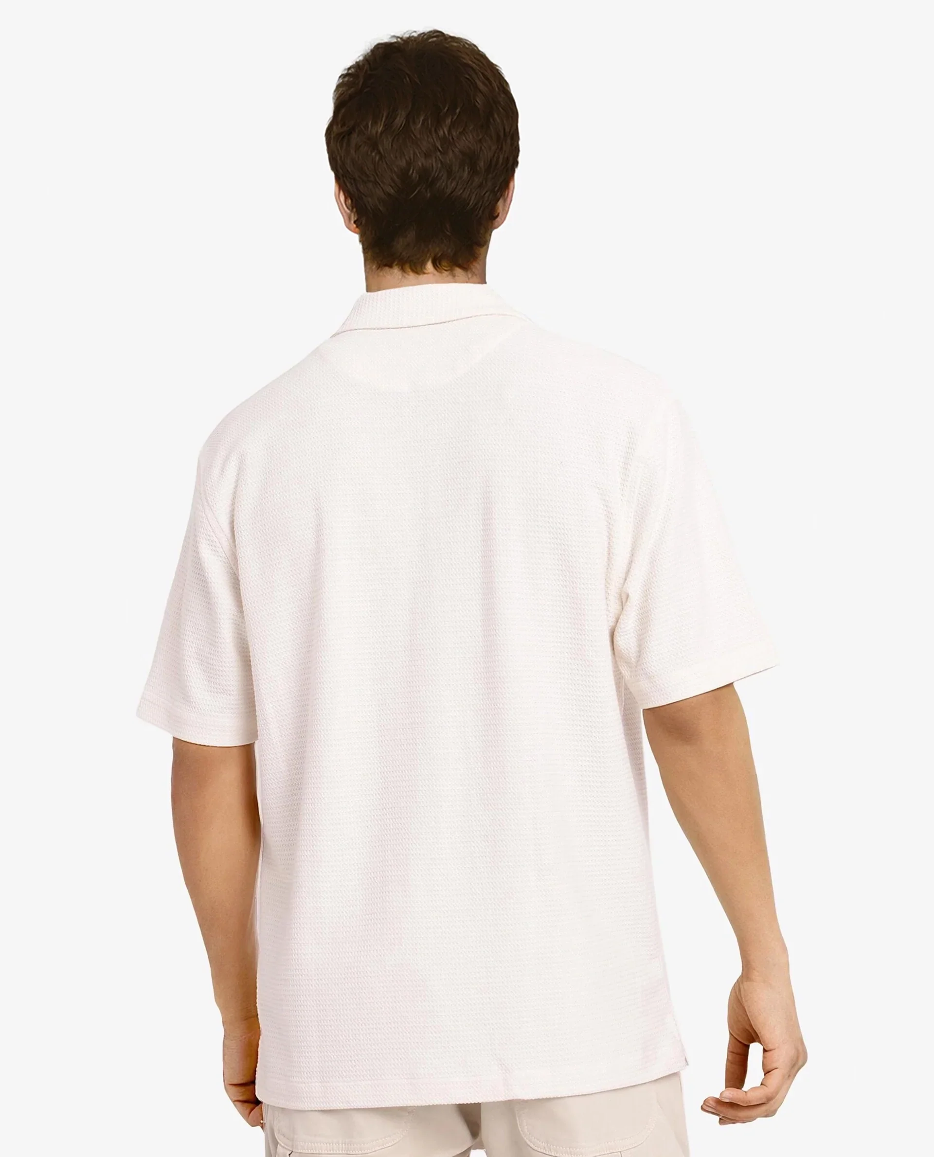 Rare Rabbit Men's Site Ss Off White Cotton Plain Boxy Fit Half Sleeve Cuban Collar Shirt - Image 3