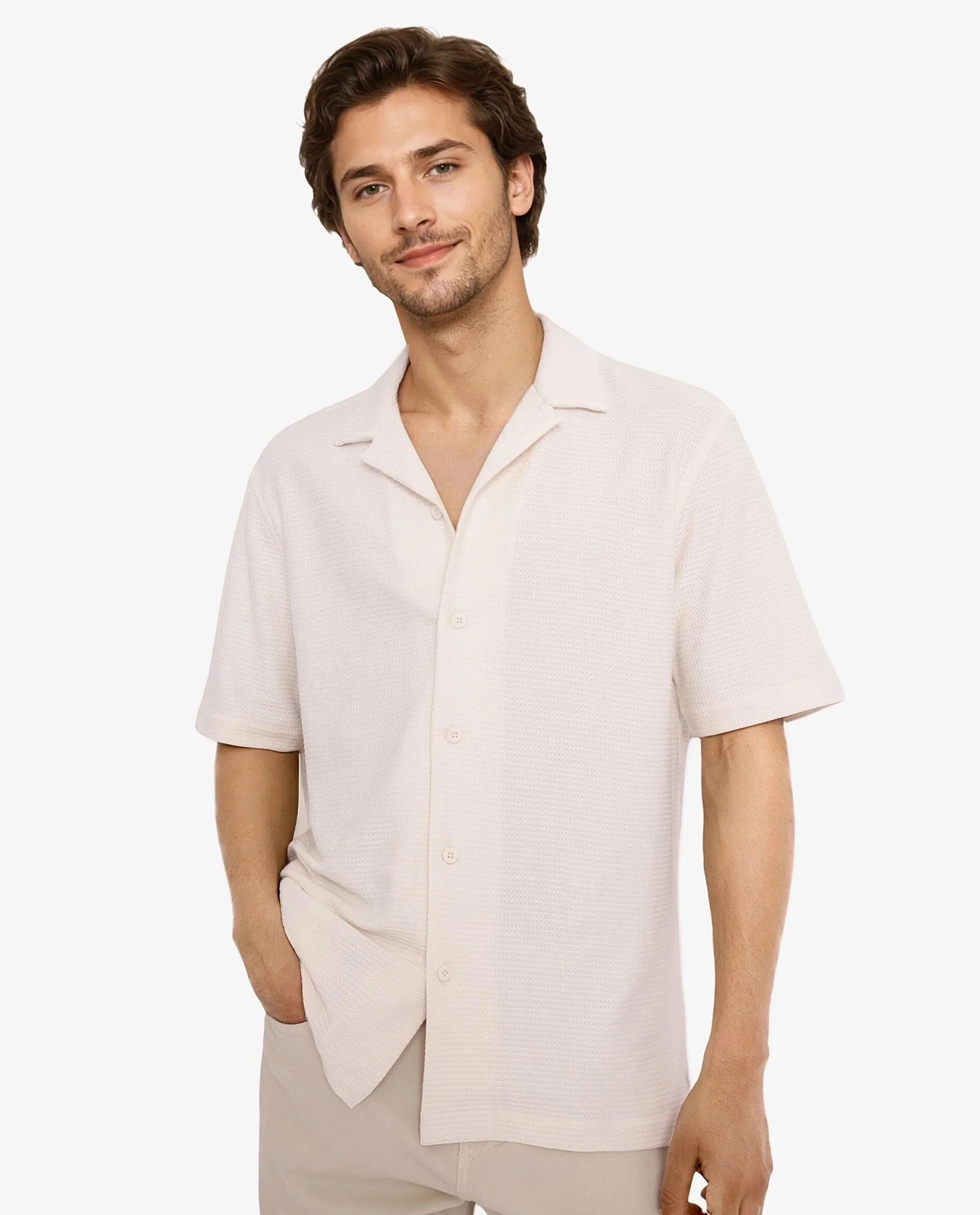 Rare Rabbit Men's Site Ss Off White Cotton Plain Boxy Fit Half Sleeve Cuban Collar Shirt - Image 5
