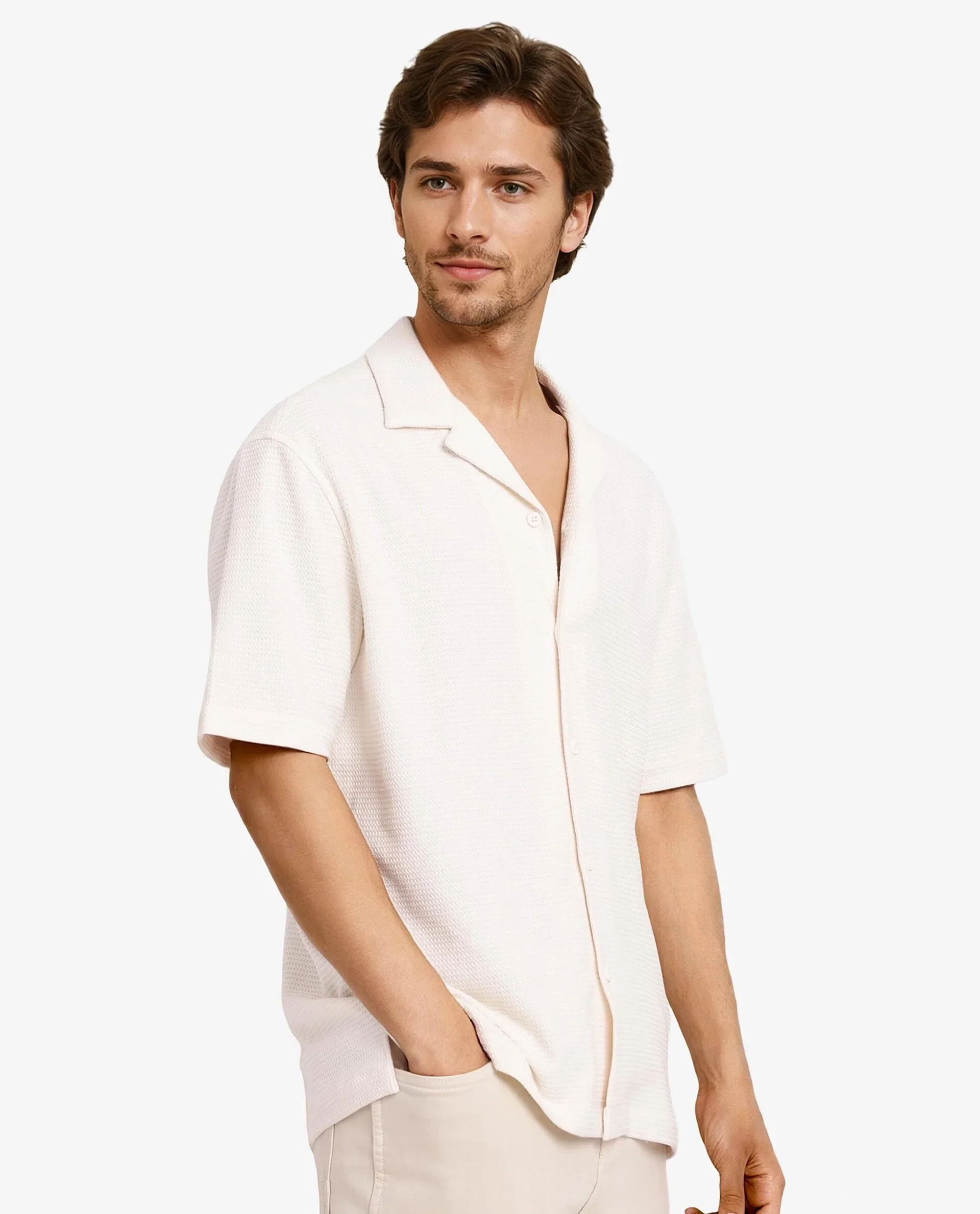 Rare Rabbit Men's Site Ss Off White Cotton Plain Boxy Fit Half Sleeve Cuban Collar Shirt - Image 6
