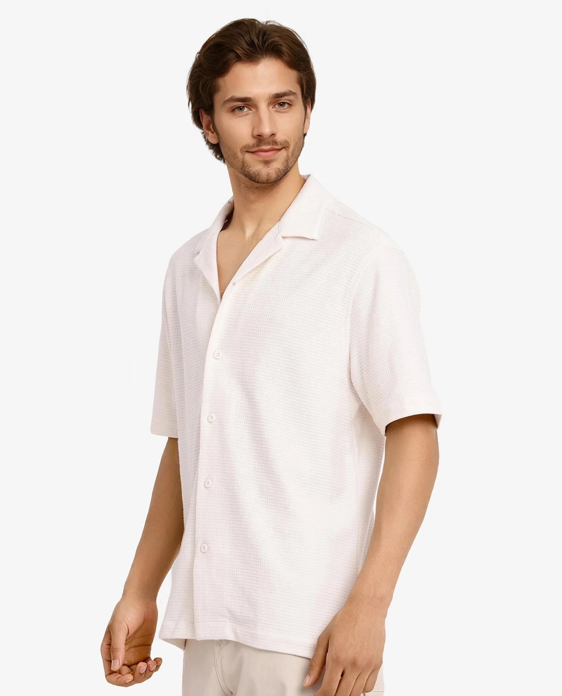 Rare Rabbit Men's Site Ss Off White Cotton Plain Boxy Fit Half Sleeve Cuban Collar Shirt - Image 7