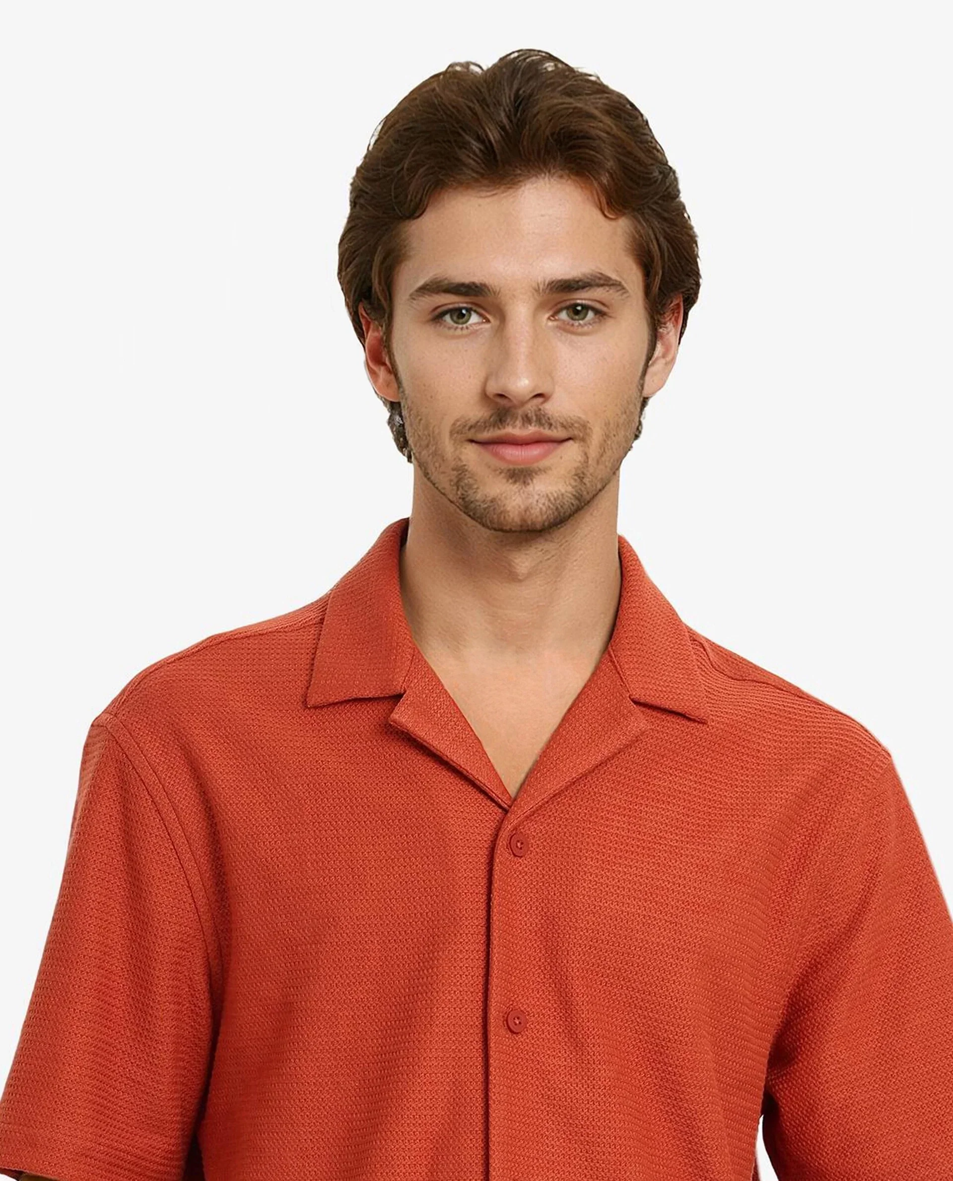 Rare Rabbit Men's Site Ss Rust Cotton Plain Boxy Fit Half Sleeve Cuban Collar Shirt - Image 2