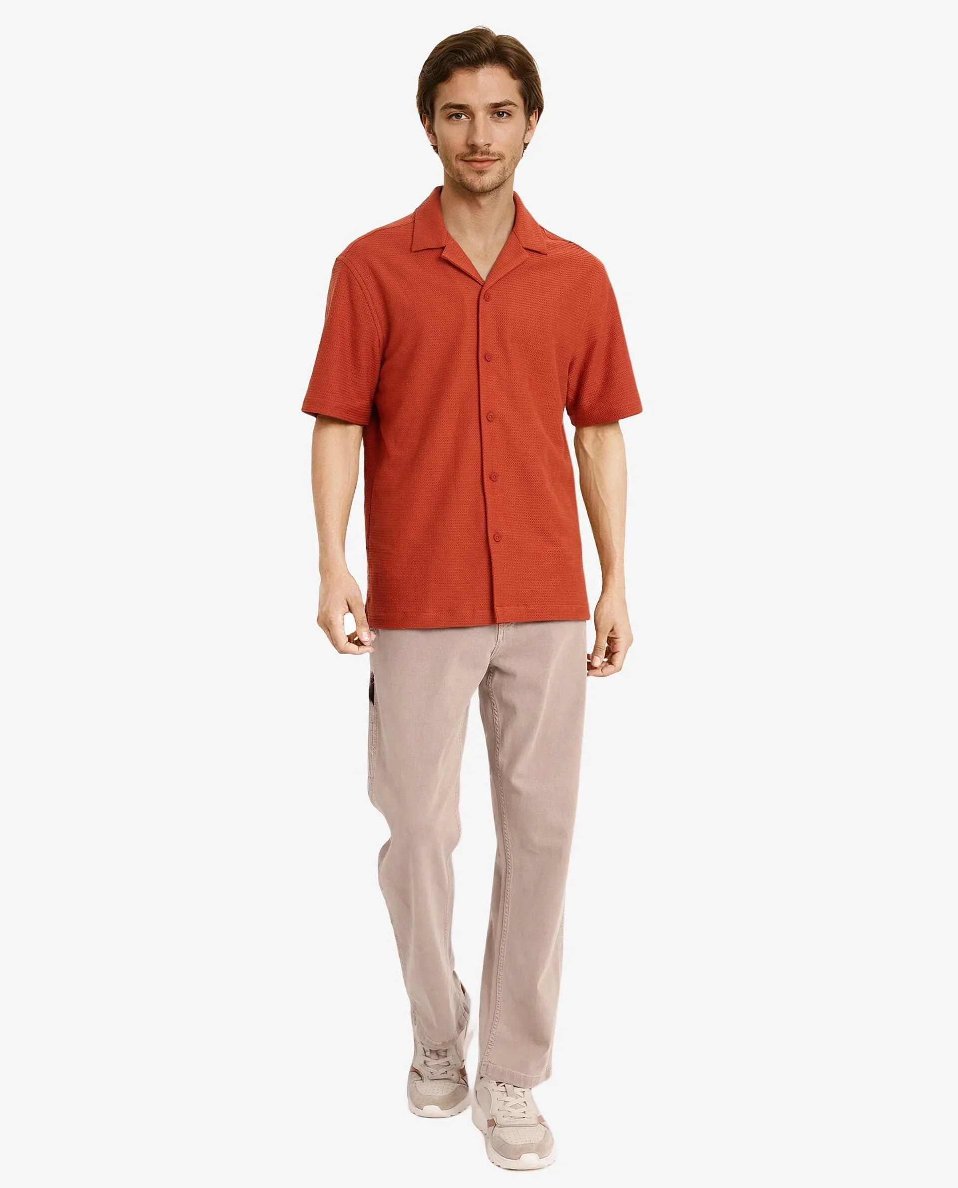 Rare Rabbit Men's Site Ss Rust Cotton Plain Boxy Fit Half Sleeve Cuban Collar Shirt - Image 3