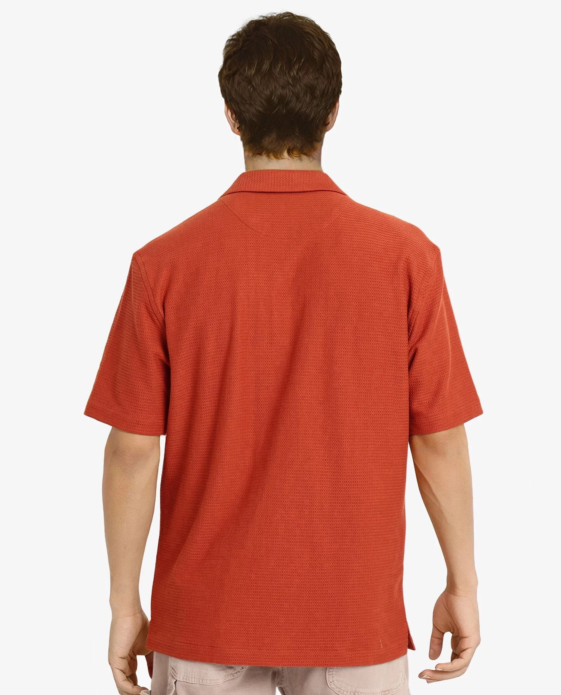 Rare Rabbit Men's Site Ss Rust Cotton Plain Boxy Fit Half Sleeve Cuban Collar Shirt - Image 4