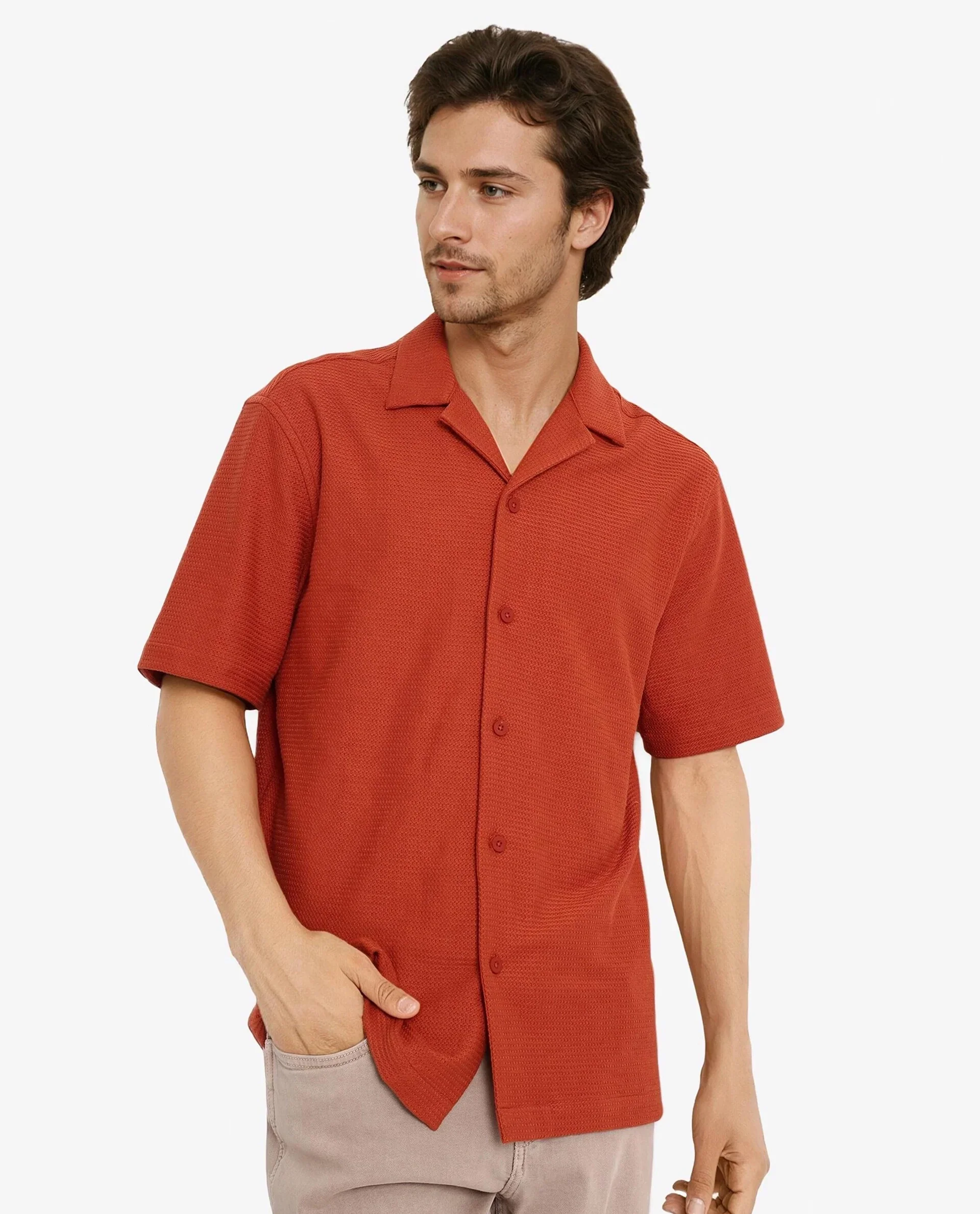 Rare Rabbit Men's Site Ss Rust Cotton Plain Boxy Fit Half Sleeve Cuban Collar Shirt - Image 5