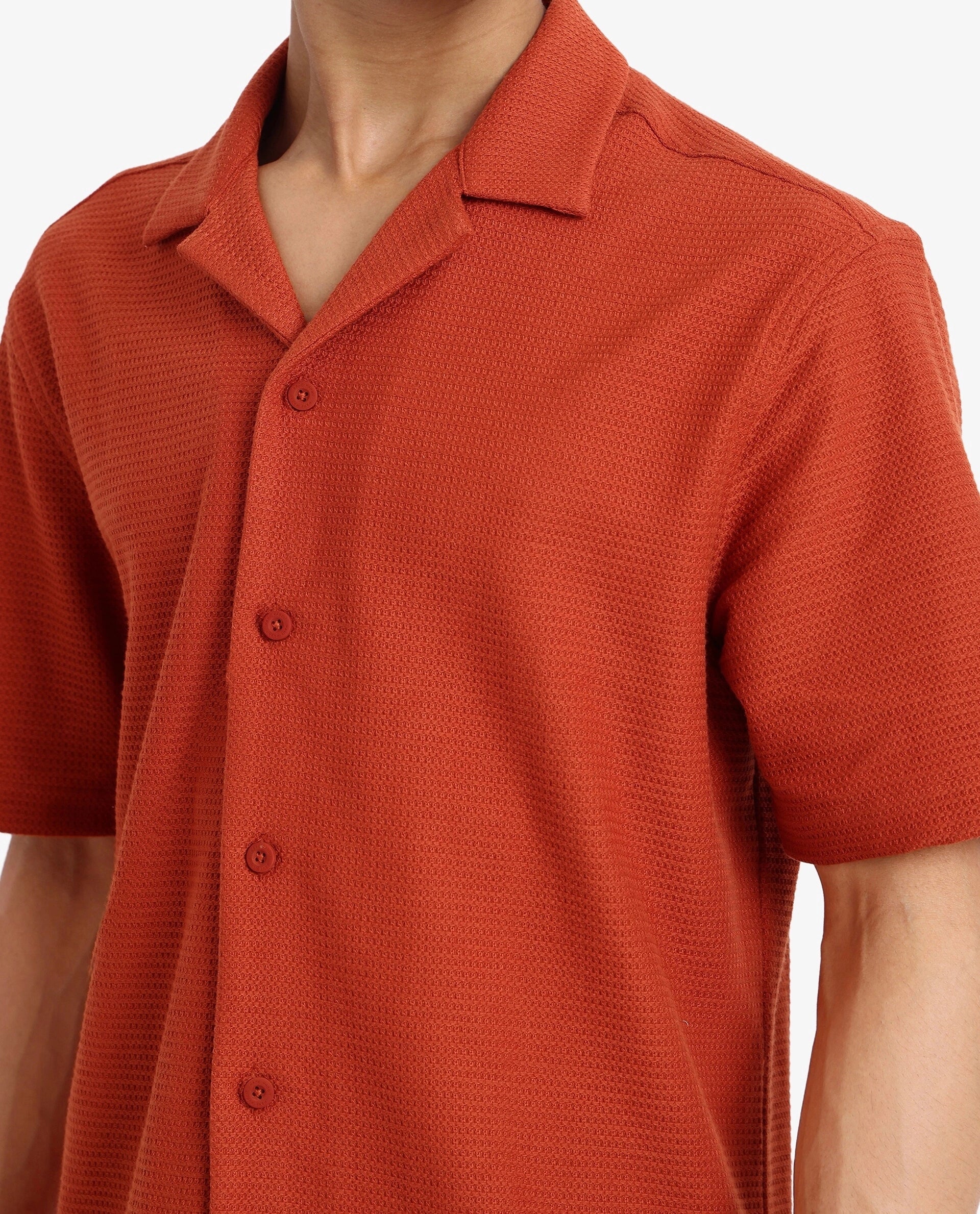 Rare Rabbit Men's Site Ss Rust Cotton Plain Boxy Fit Half Sleeve Cuban Collar Shirt - Image 6