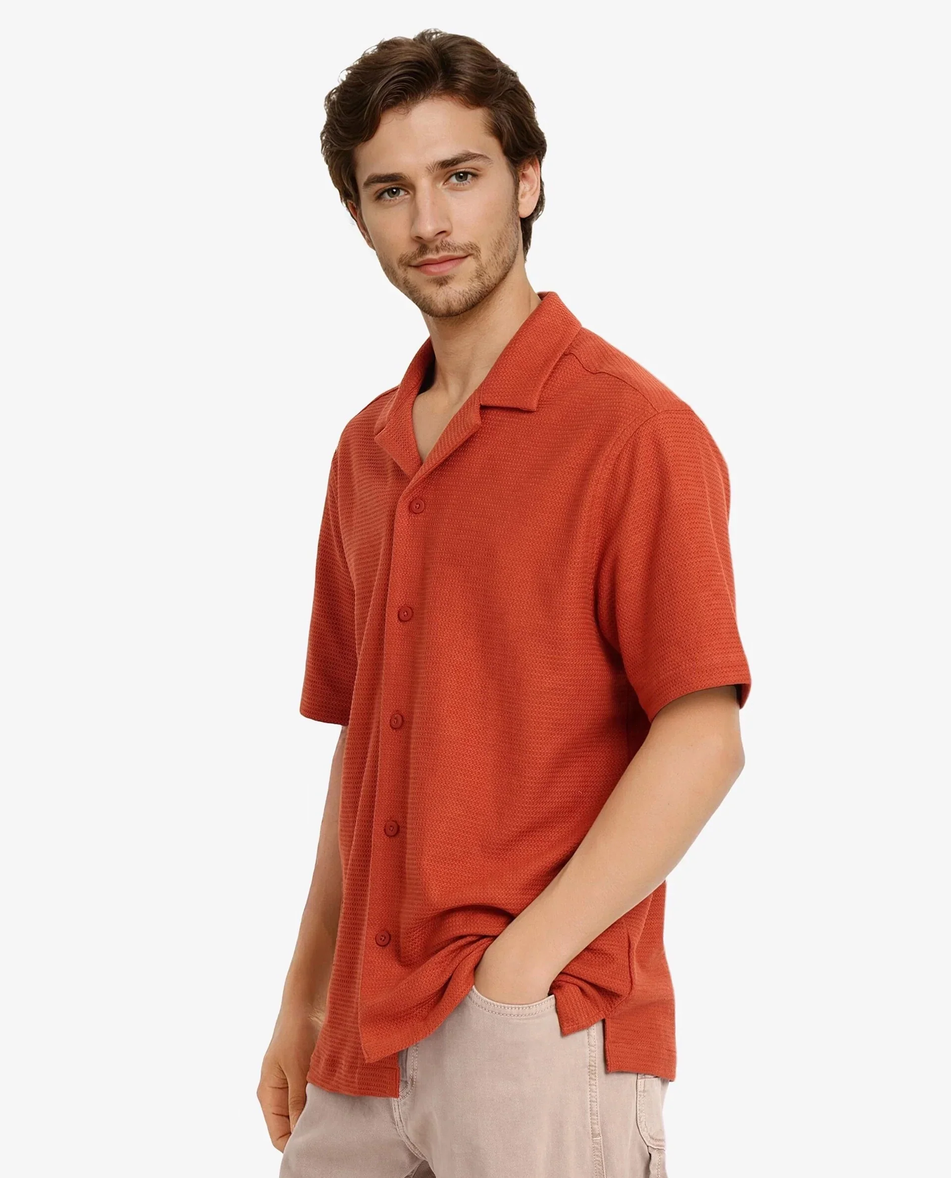 Rare Rabbit Men's Site Ss Rust Cotton Plain Boxy Fit Half Sleeve Cuban Collar Shirt - Image 7